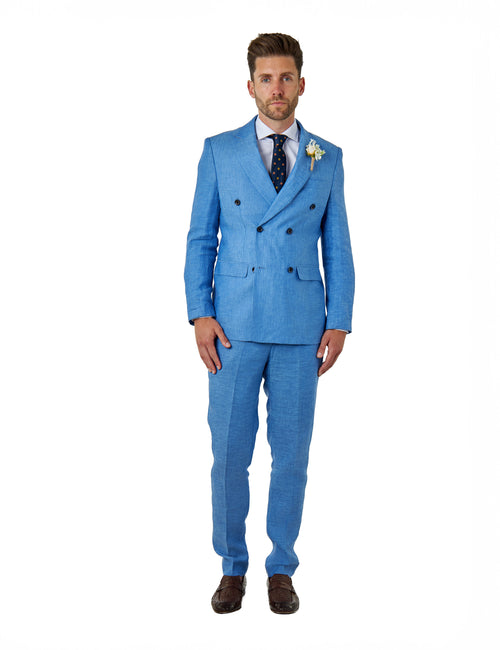 Tailored Fit Double Breasted Pure Linen Light Blue Summer Suit