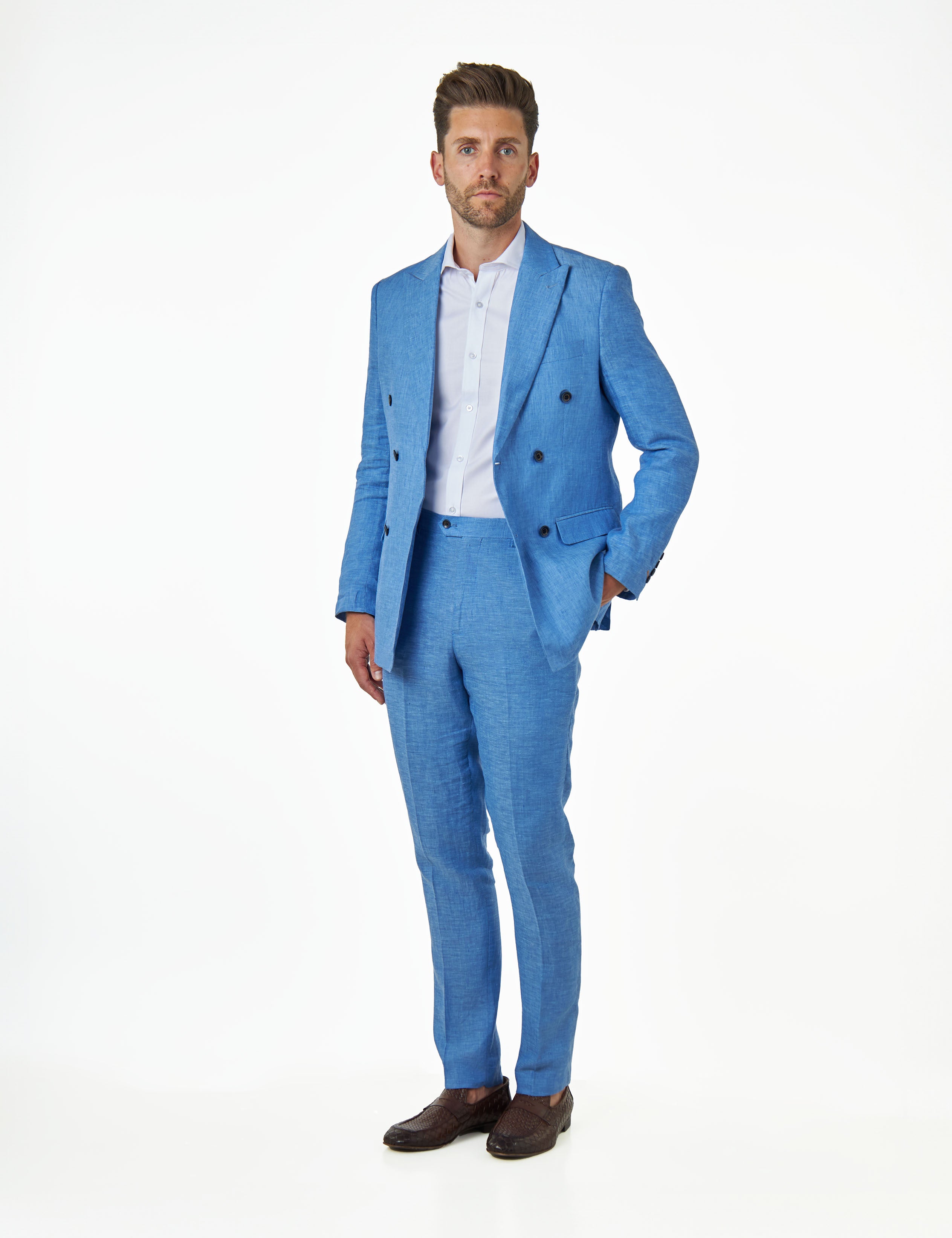 LEWIS - Tailored Fit Sky Blue Linen Double Breasted Suit Jacket