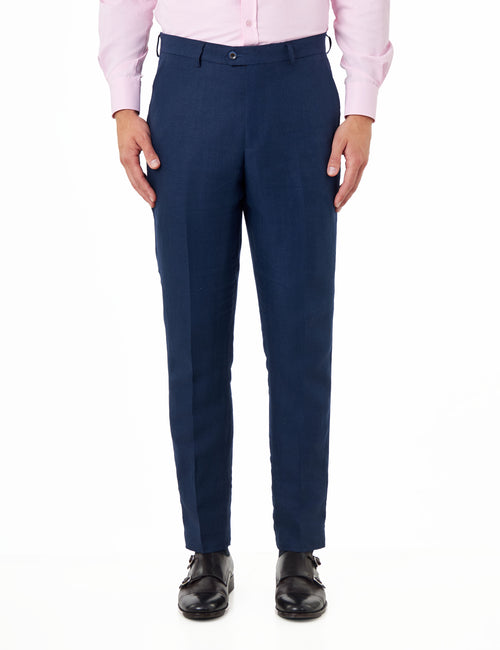 RAY - Navy Blue Herringbone Linen Suit Trousers Tailored Fit