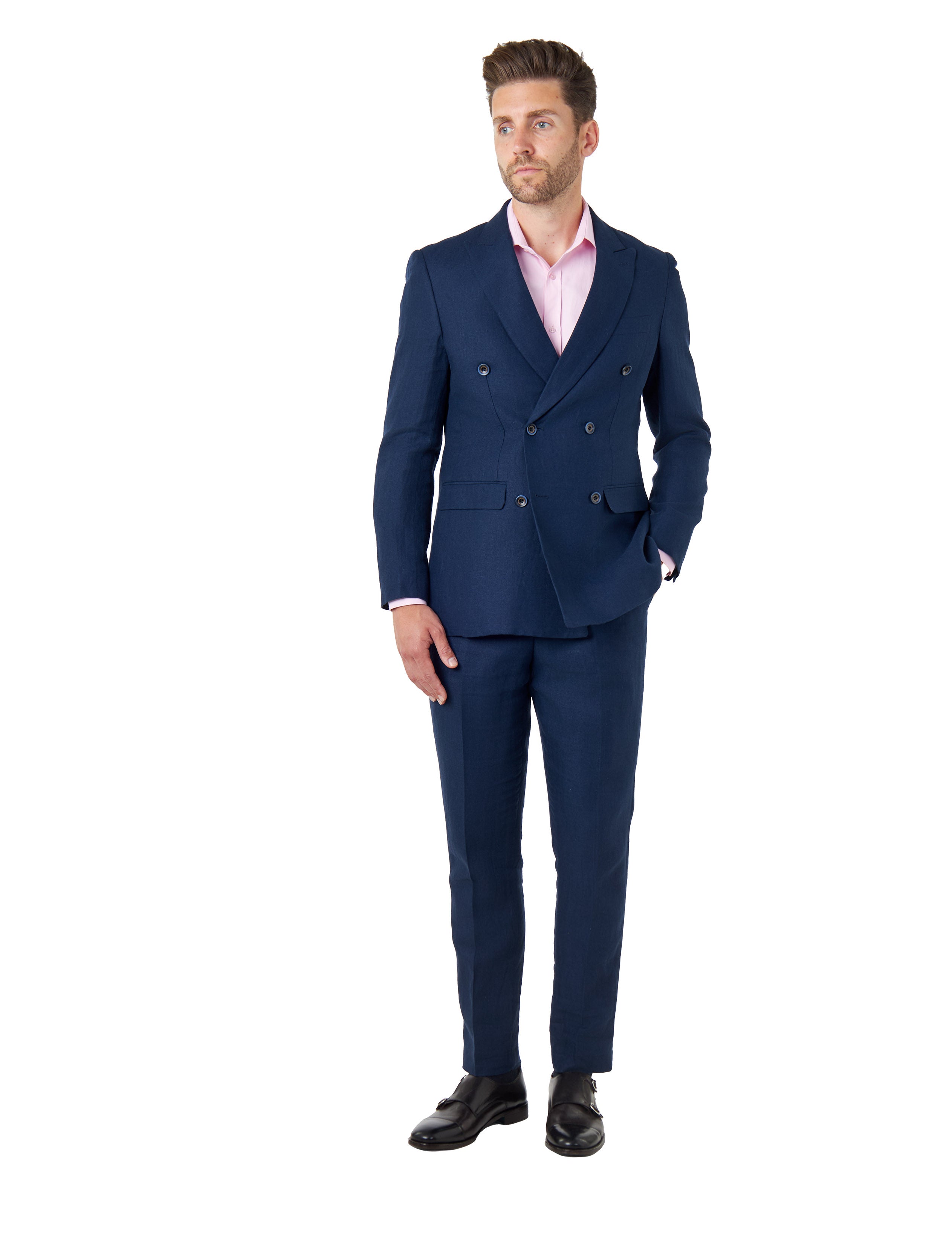 RAY - Tailored Fit Double Breasted Suit in Navy Herringbone Linen