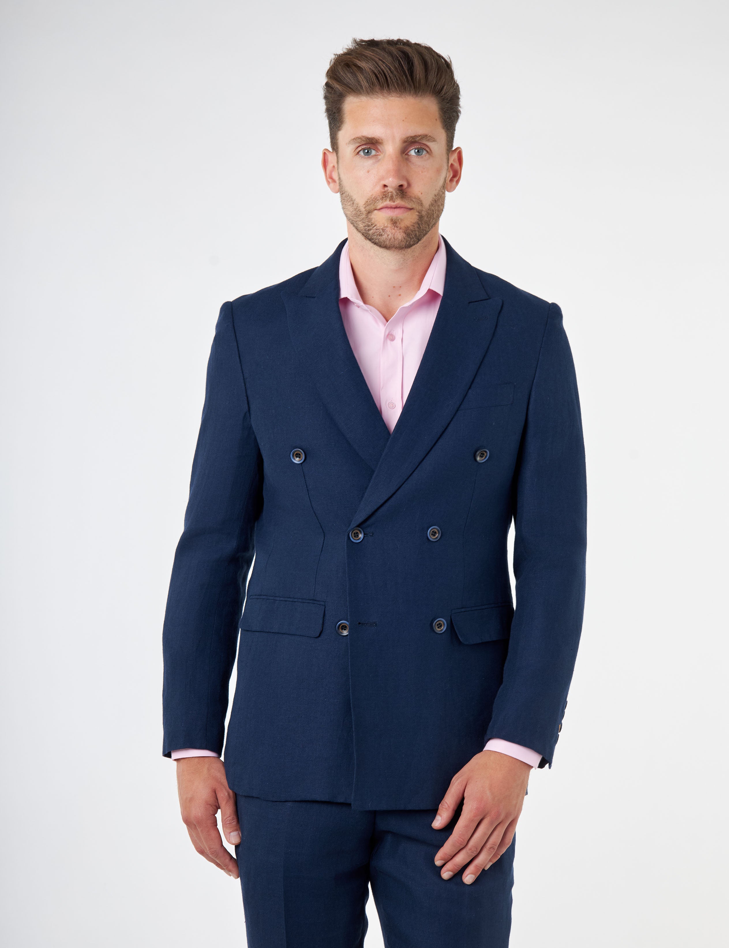 RAY - Tailored Fit Double Breasted Suit in Navy Herringbone Linen