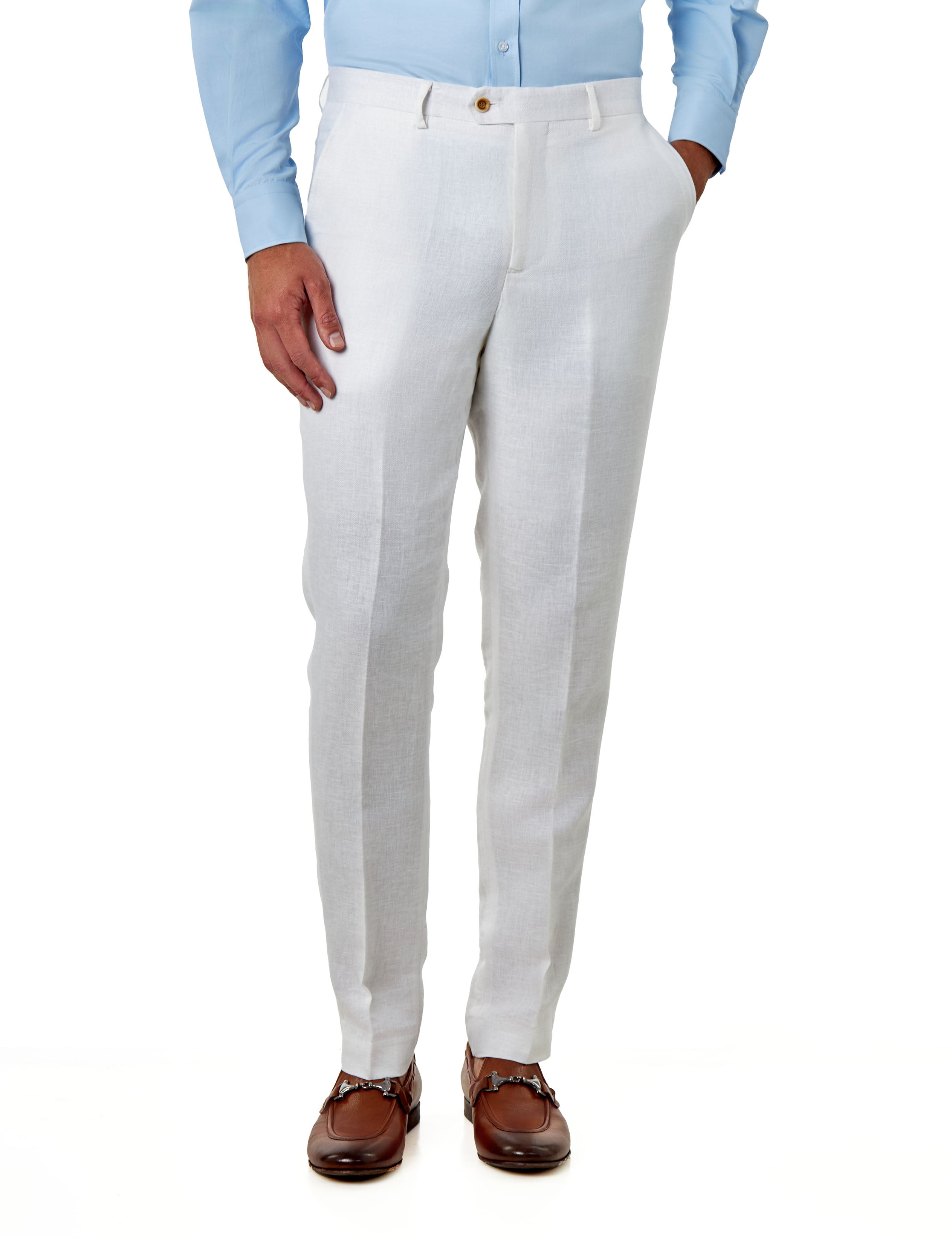 RAY - Tailored Fit Double Breasted Suit Off White Herringbone Linen