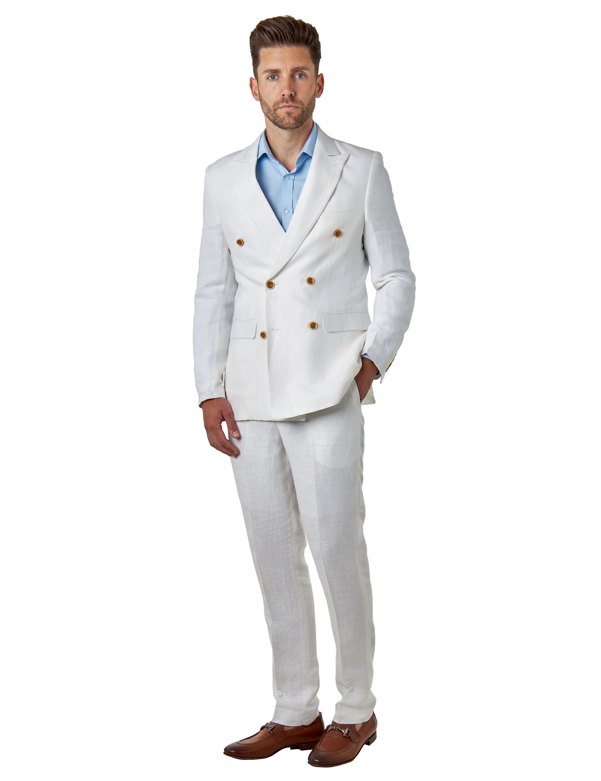 RAY - Tailored Fit Double Breasted Suit Off White Herringbone Linen