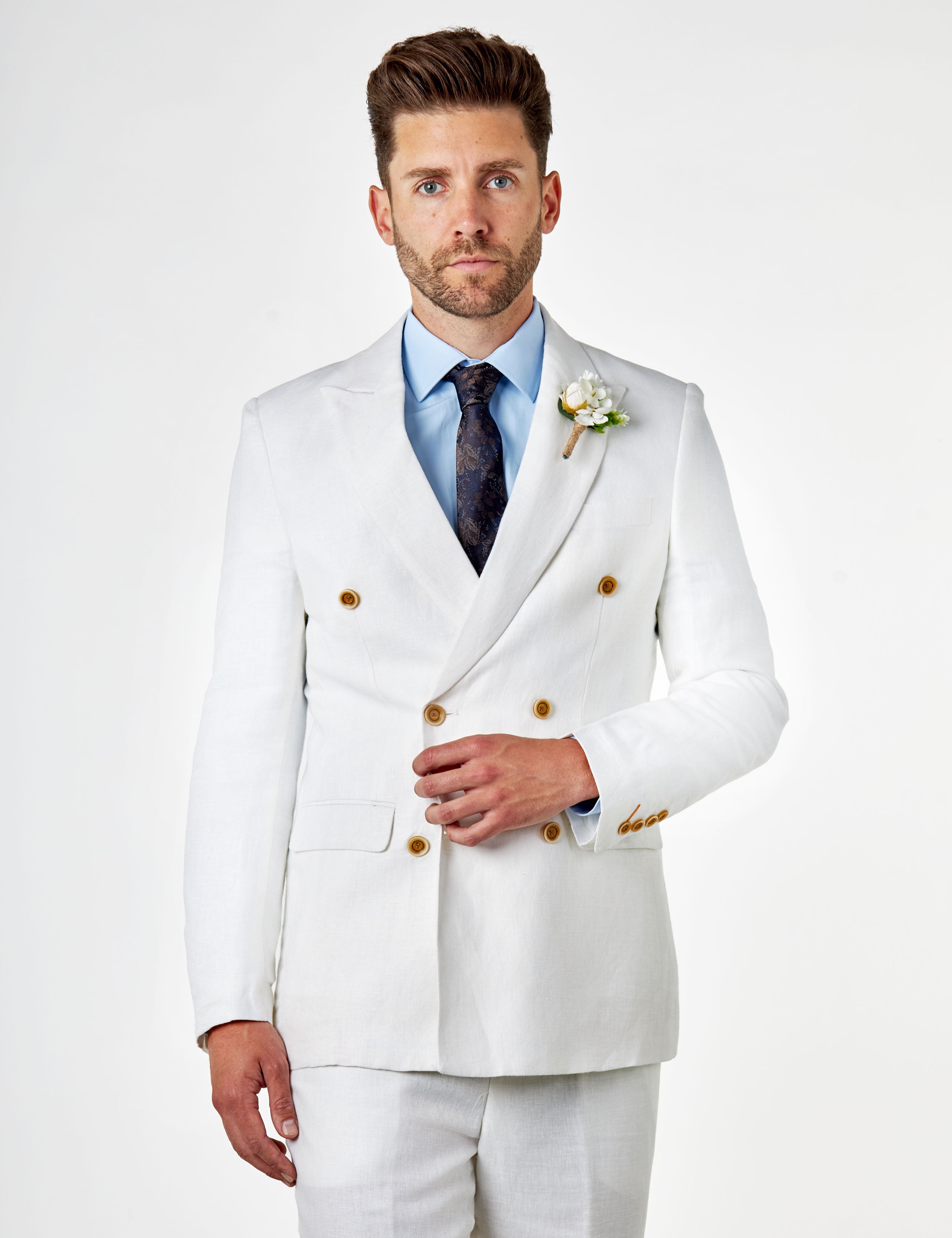 RAY - Tailored Fit Off White Herringbone Linen Double Breasted Jacket