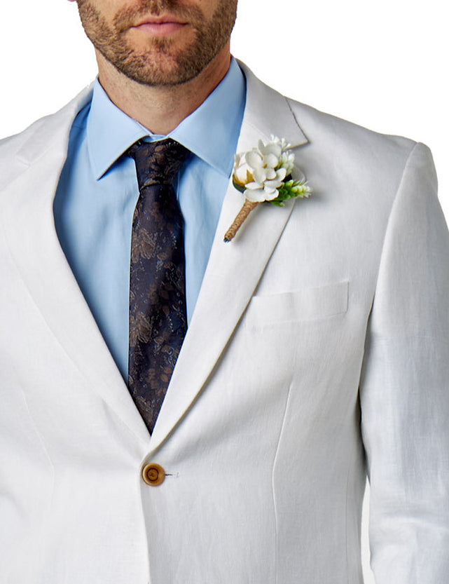 RAY - Tailored Fit Off White Herringbone Linen Suit Jacket