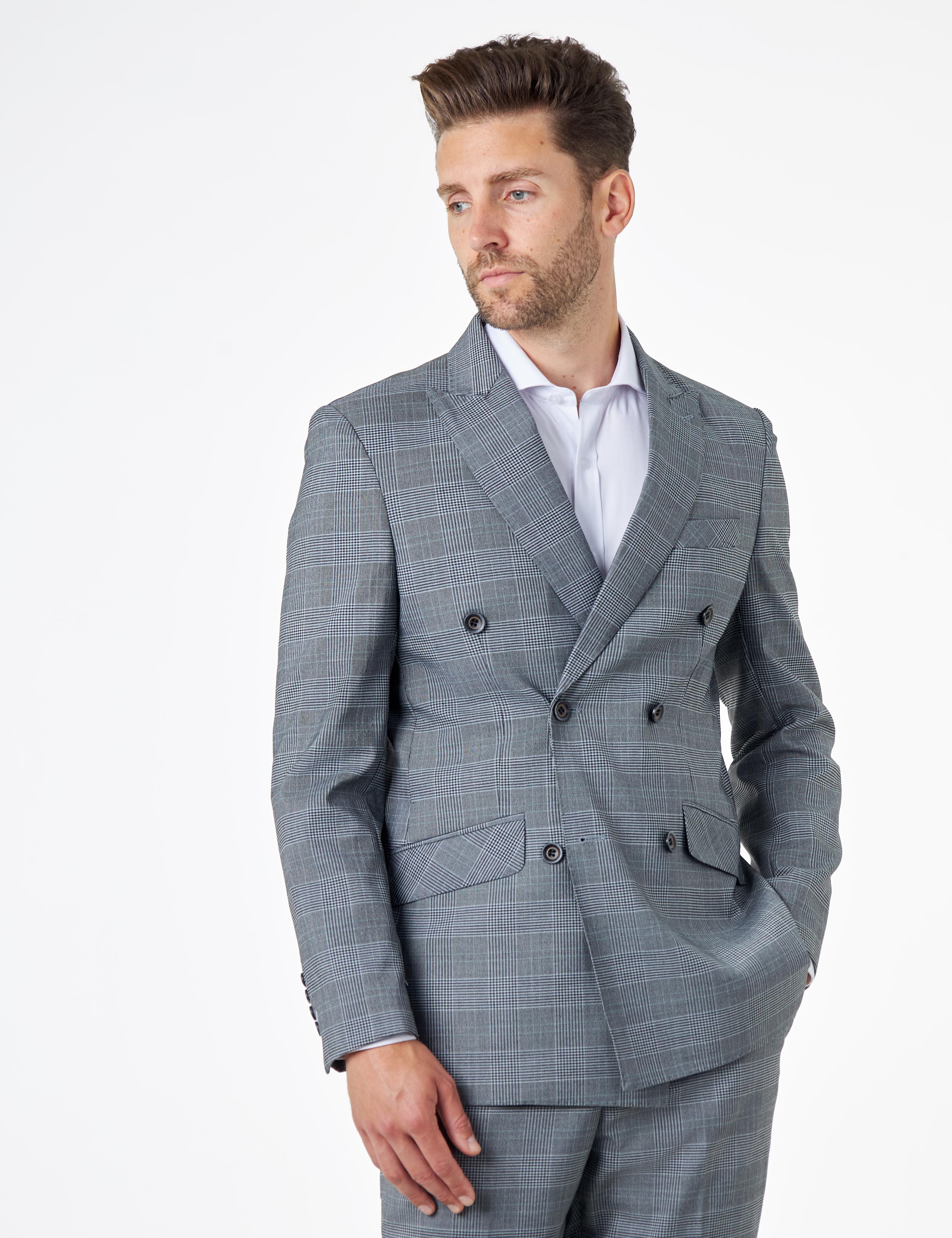 EKON - Grey Double Breasted Prince of Wales Check Suit