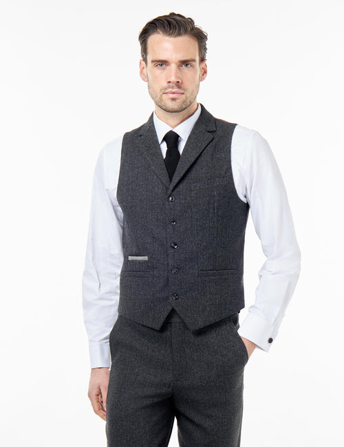 BRUCE – Grey Wool Rich Herringbone Waistcoat