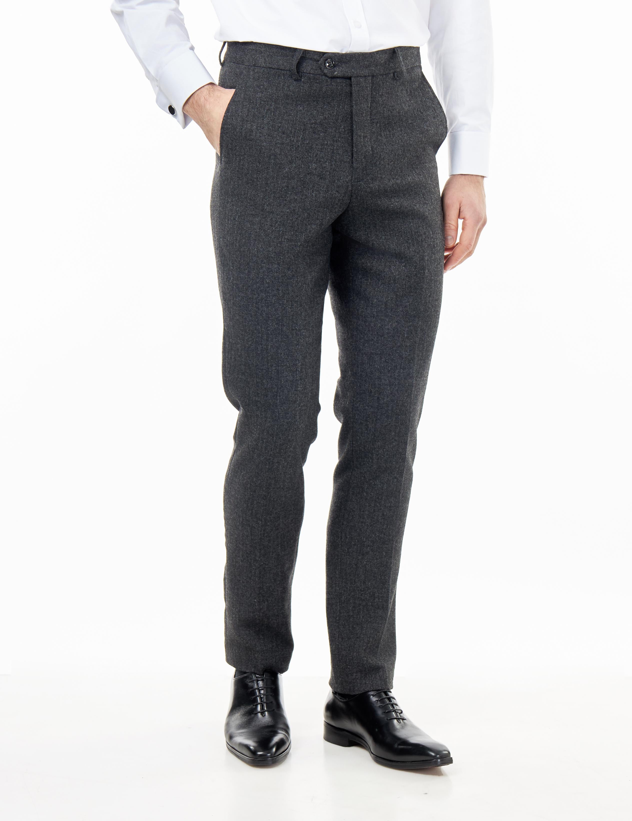 BRUCE – TAILORED WOOL RICH GREY HERRINGBONE SUIT -2 PIECE