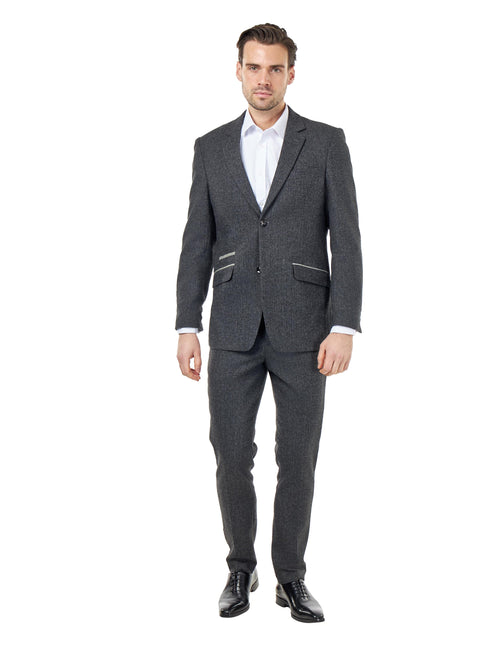 BRUCE – TAILORED WOOL RICH GREY HERRINGBONE SUIT -2 PIECE