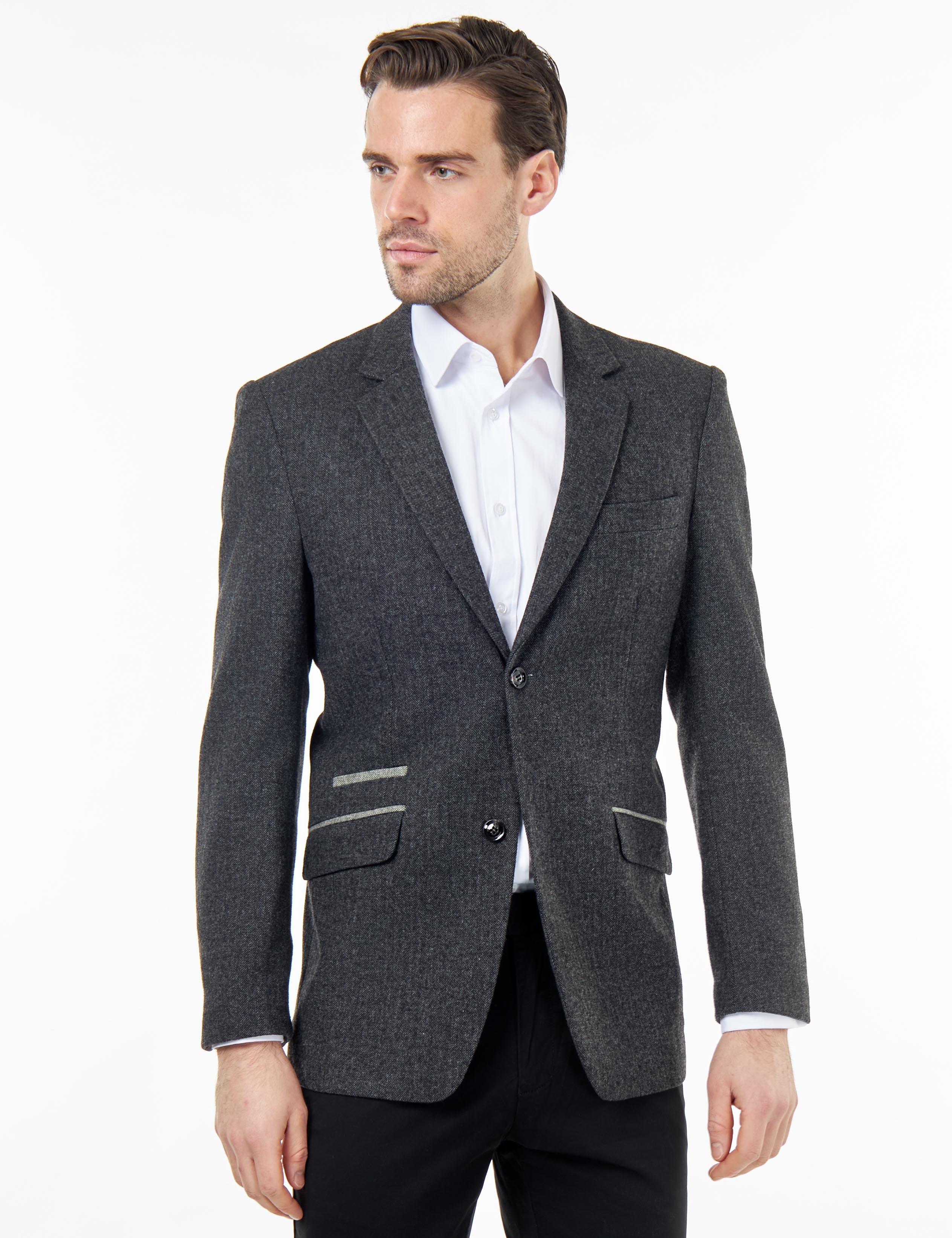 BRUCE – TAILORED WOOL RICH GREY HERRINGBONE SUIT -2 PIECE