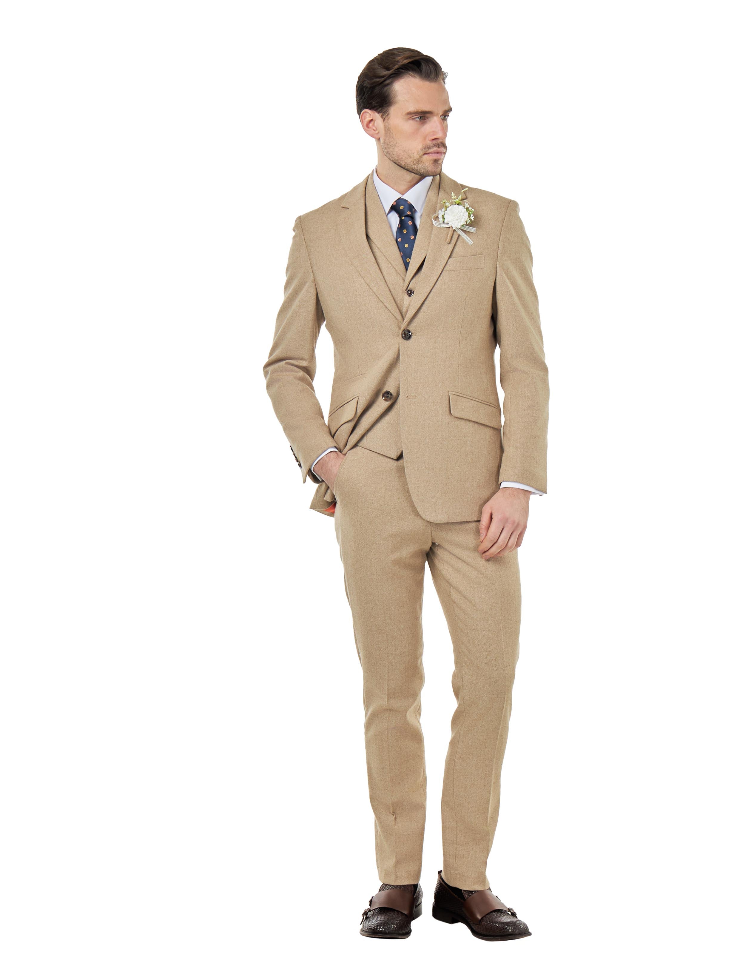 BRUCE – TAILORED 3 PIECE SUIT IN WOOL RICH STONE HERRINGBONE