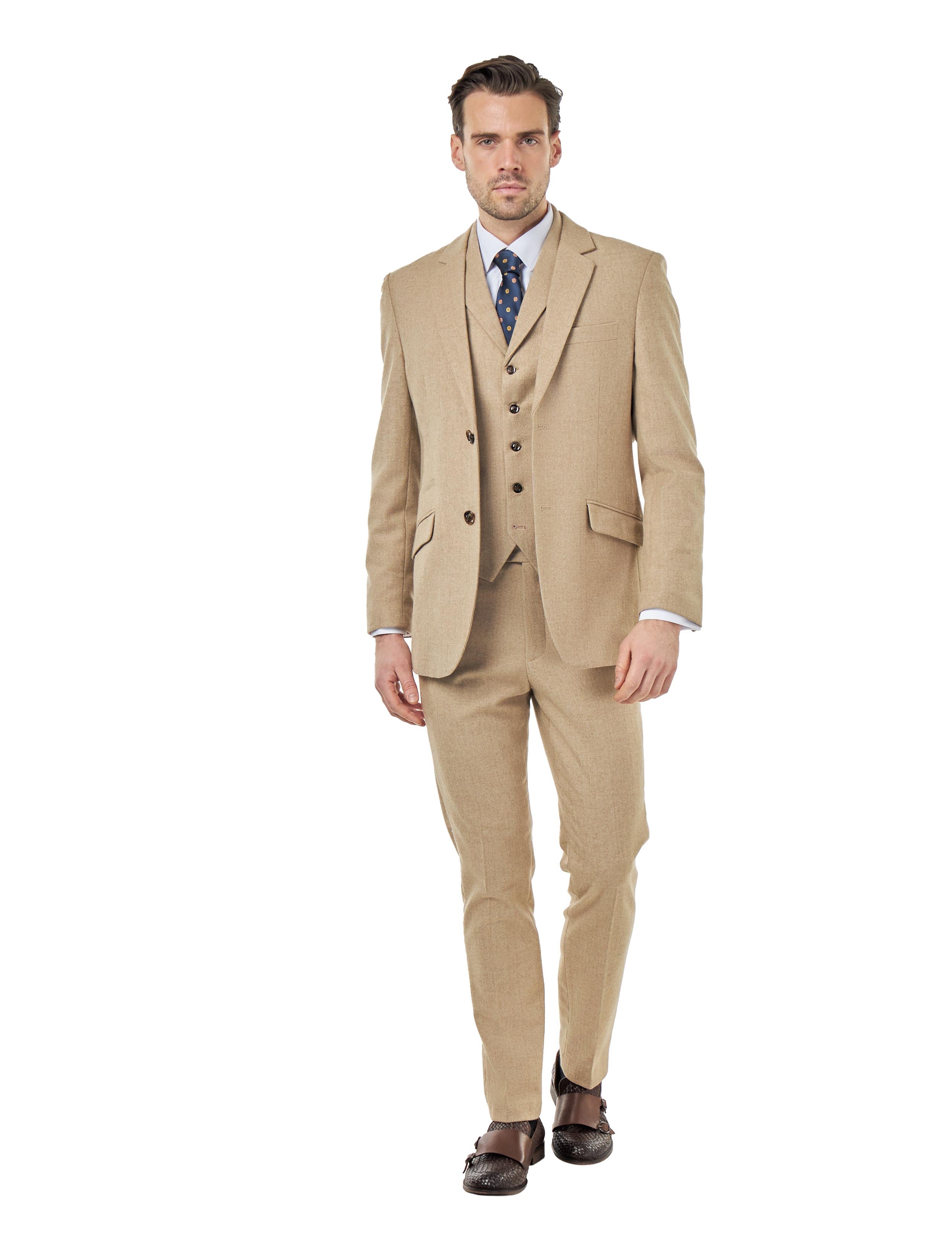 BRUCE – TAILORED 3 PIECE SUIT IN WOOL RICH STONE HERRINGBONE