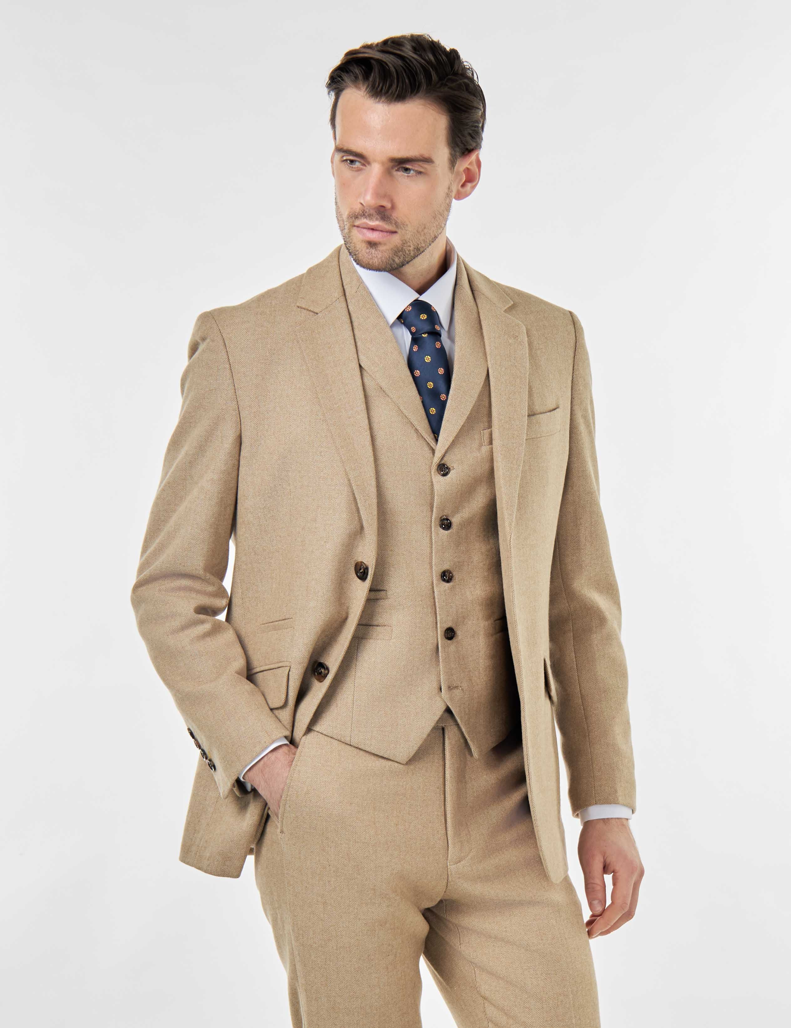 BRUCE – TAILORED 3 PIECE SUIT IN WOOL RICH STONE HERRINGBONE