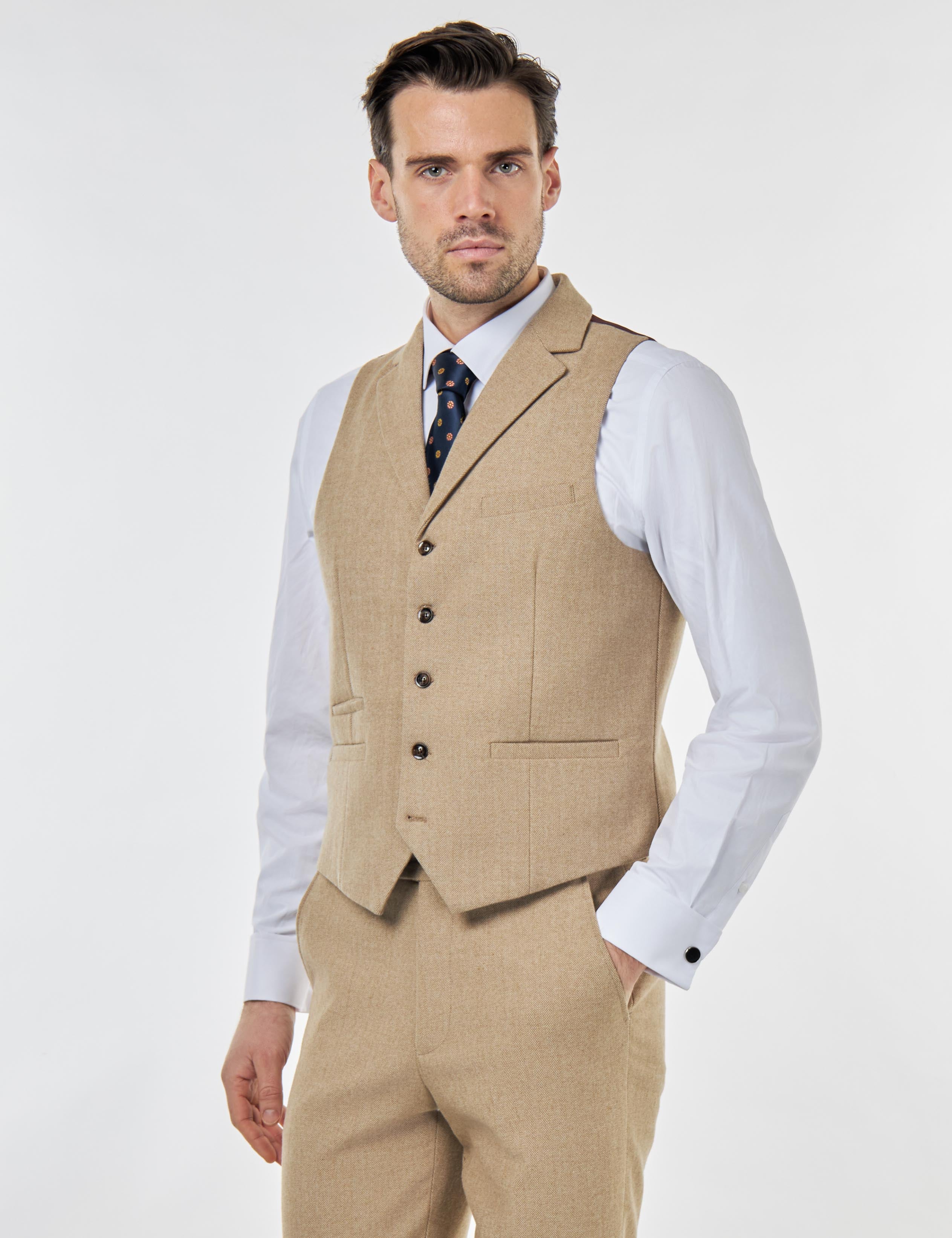 BRUCE – TAILORED 3 PIECE SUIT IN WOOL RICH STONE HERRINGBONE