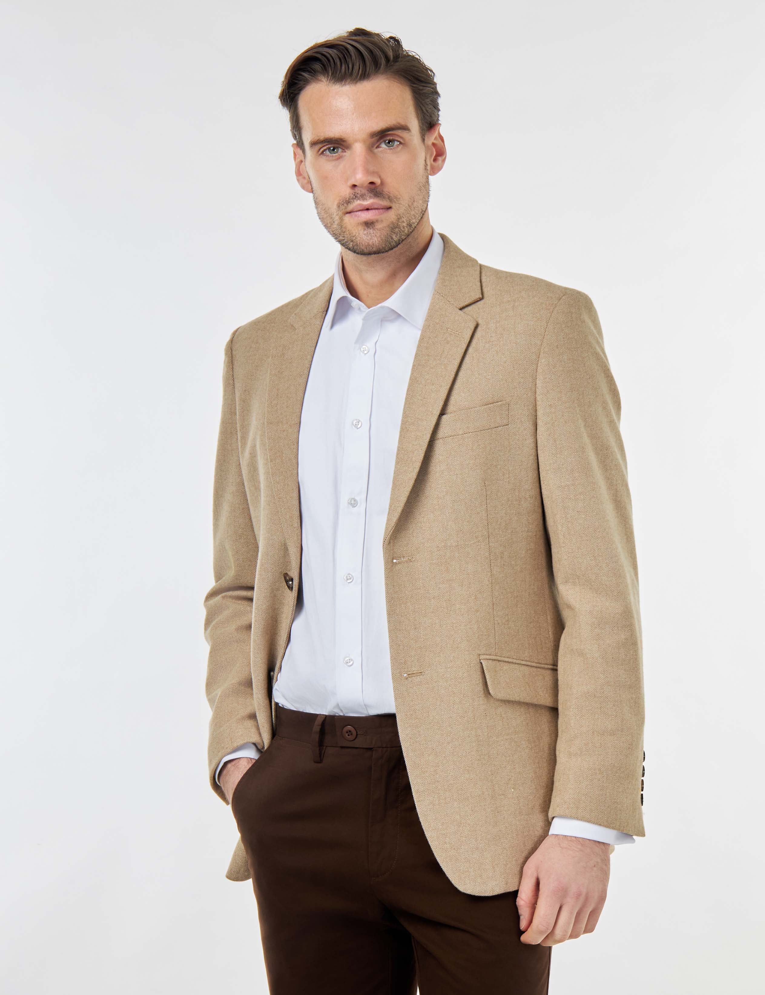 BRUCE – Stone Herringbone Tailored Wool Jacket