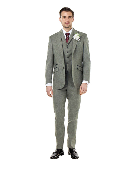 BRUCE – TAILORED SAGE GREEN WOOL RICH SUIT HERRINGBONE