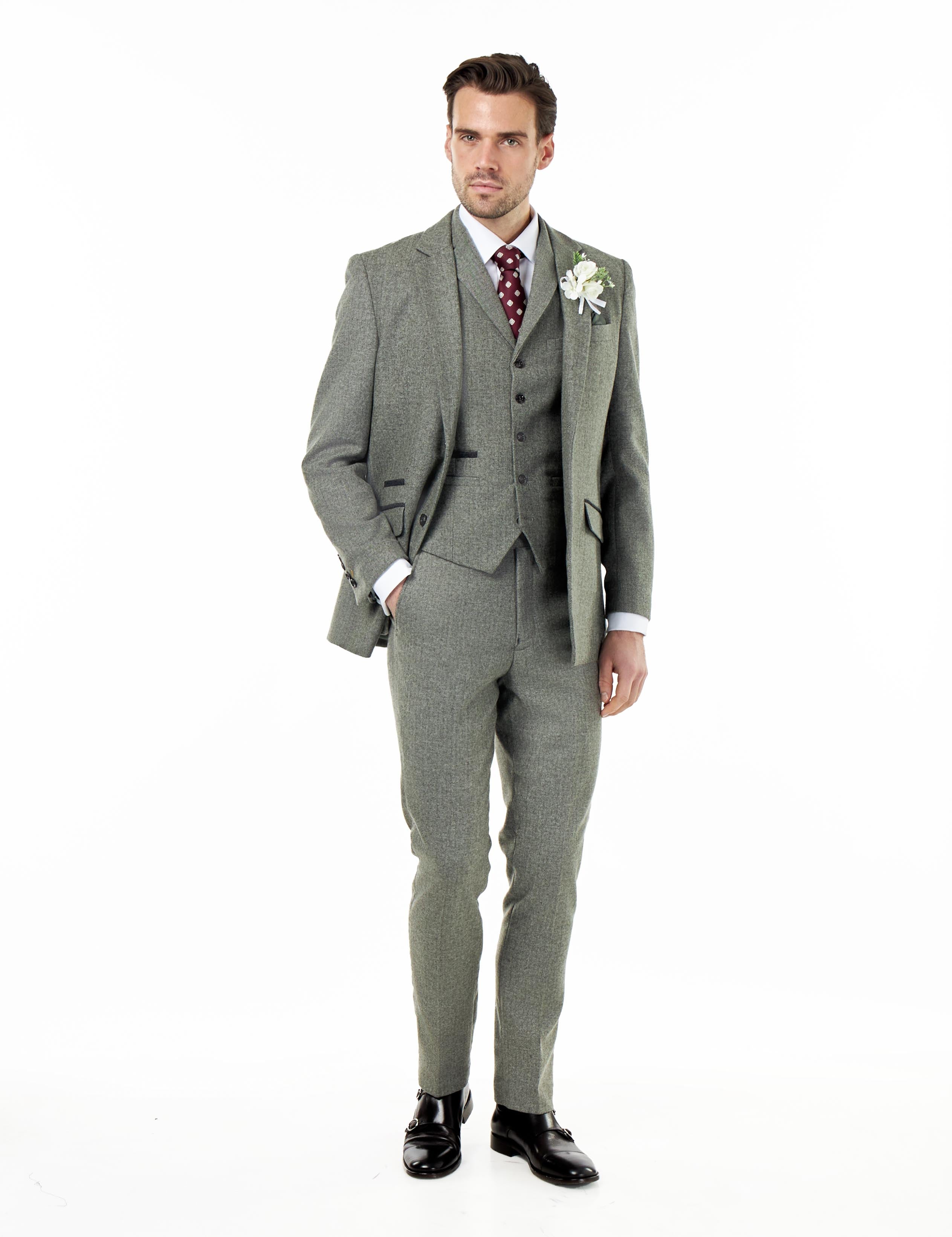 BRUCE – TAILORED SAGE GREEN WOOL RICH SUIT HERRINGBONE