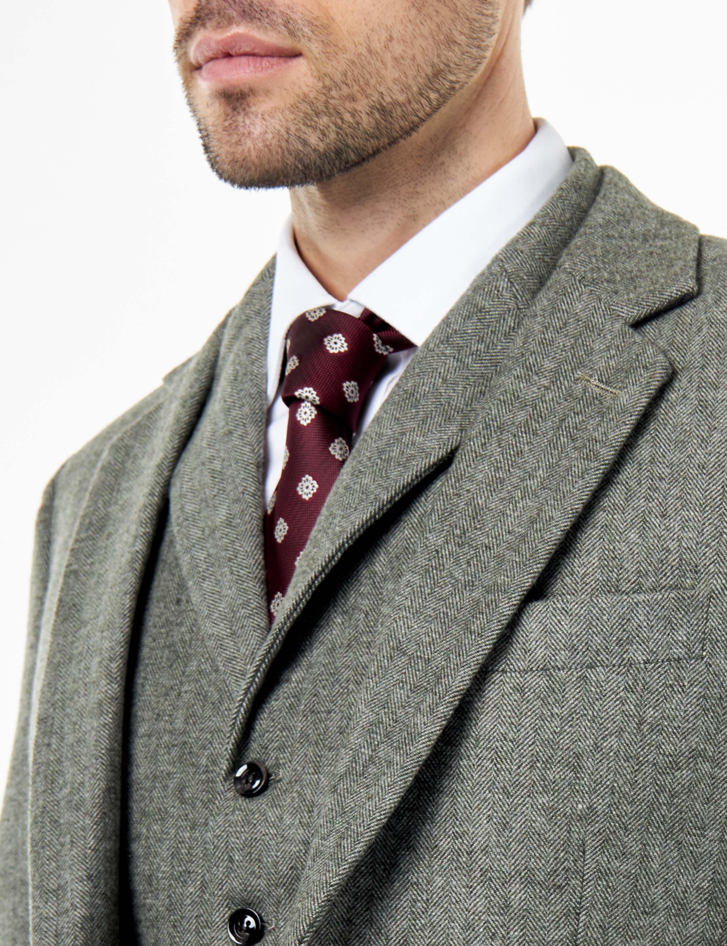 BRUCE – TAILORED SAGE GREEN WOOL RICH SUIT HERRINGBONE