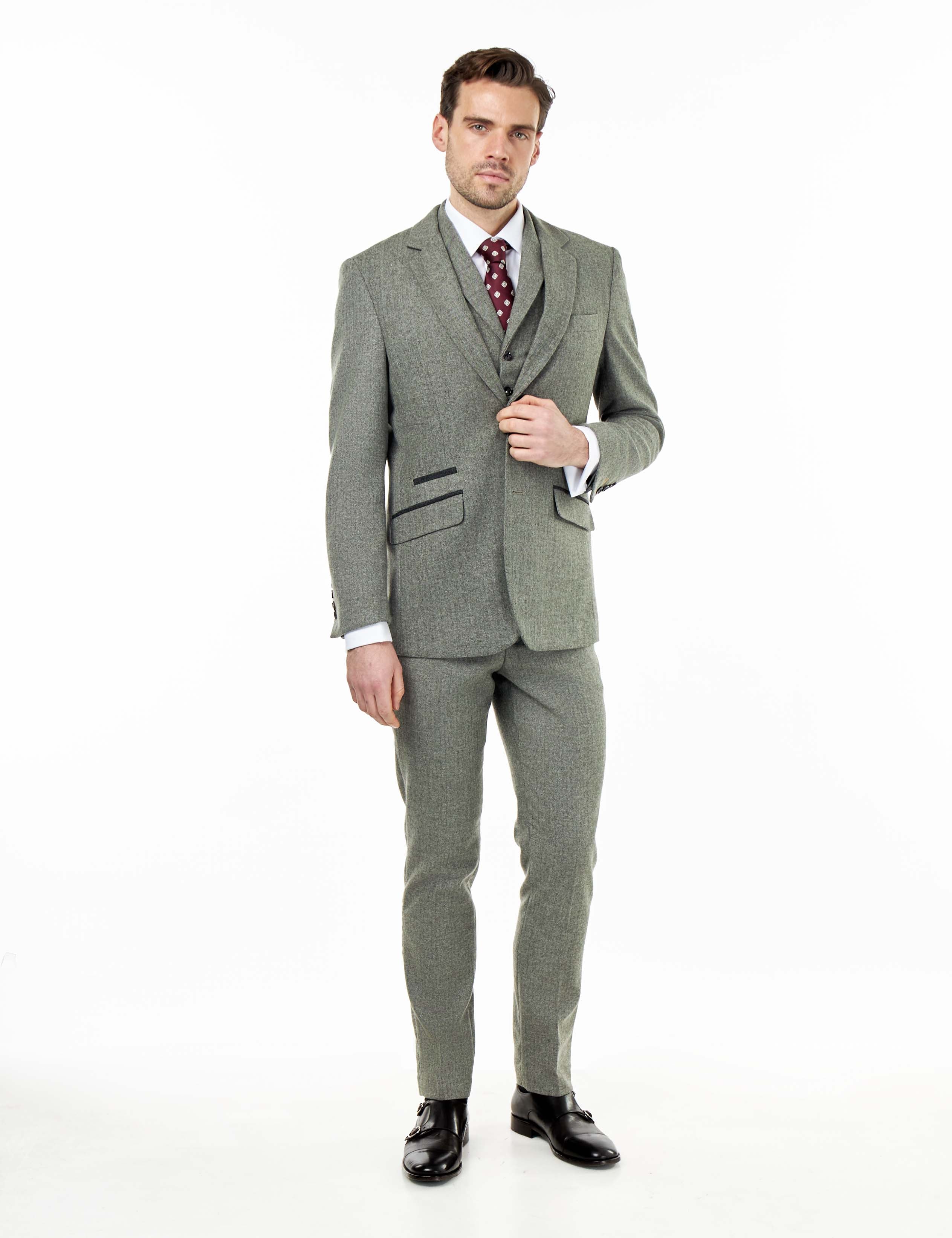 BRUCE – TAILORED SAGE GREEN WOOL RICH SUIT HERRINGBONE