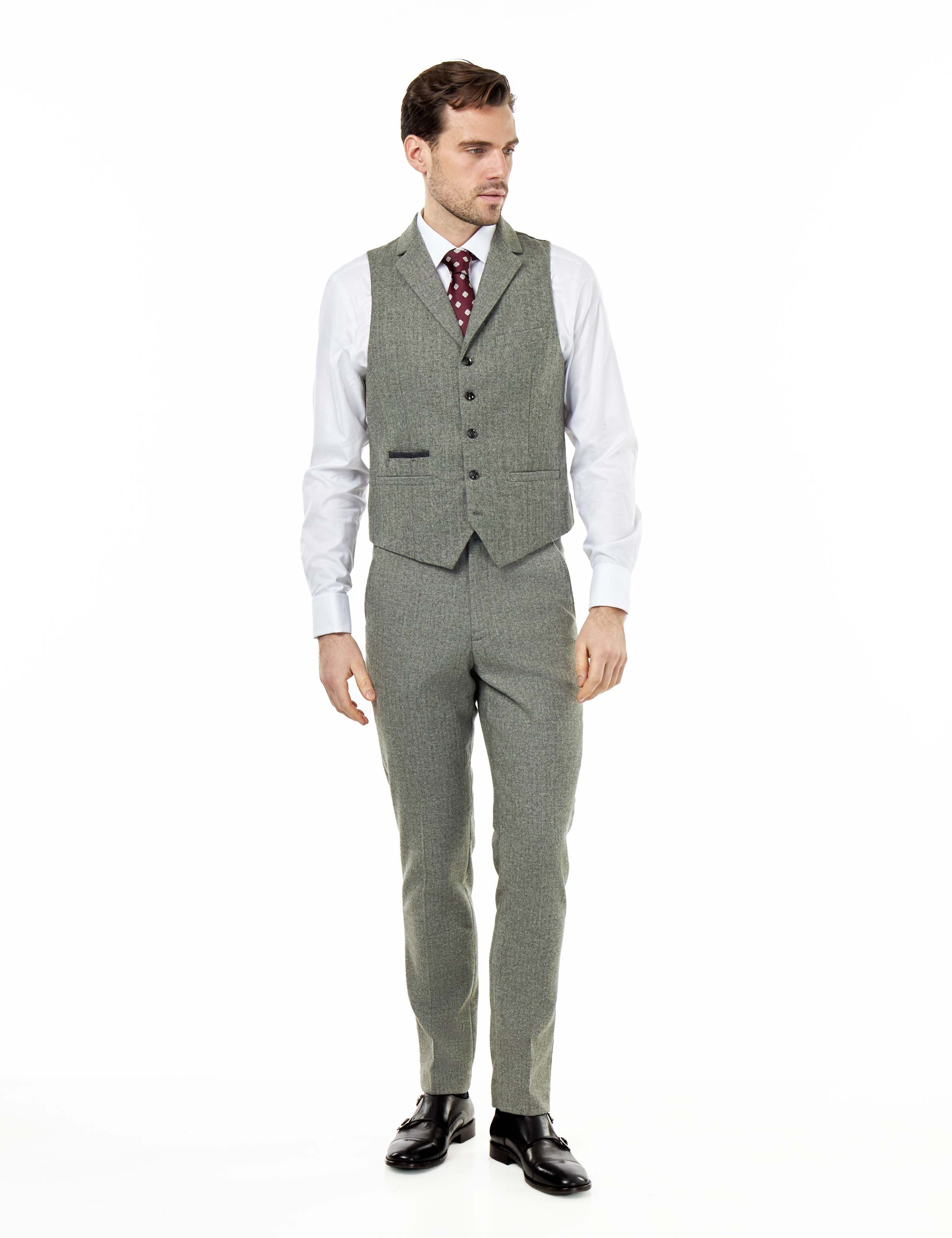 BRUCE – Sage Green Wool Rich Herringbone Waistcoat