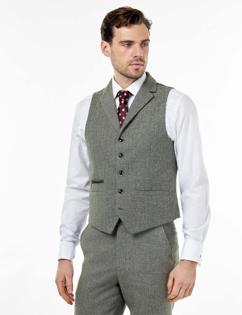 BRUCE – Sage Green Wool Rich Herringbone Waistcoat