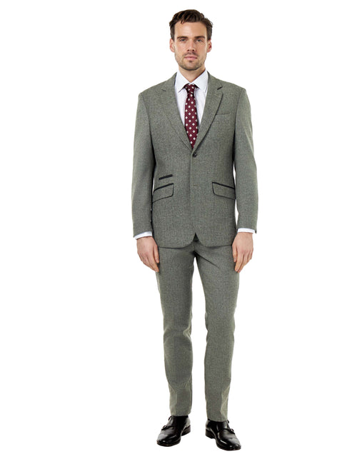 BRUCE – TAILORED WOOL RICH SAGE GREEN HERRINGBONE SUIT -2 PIECE