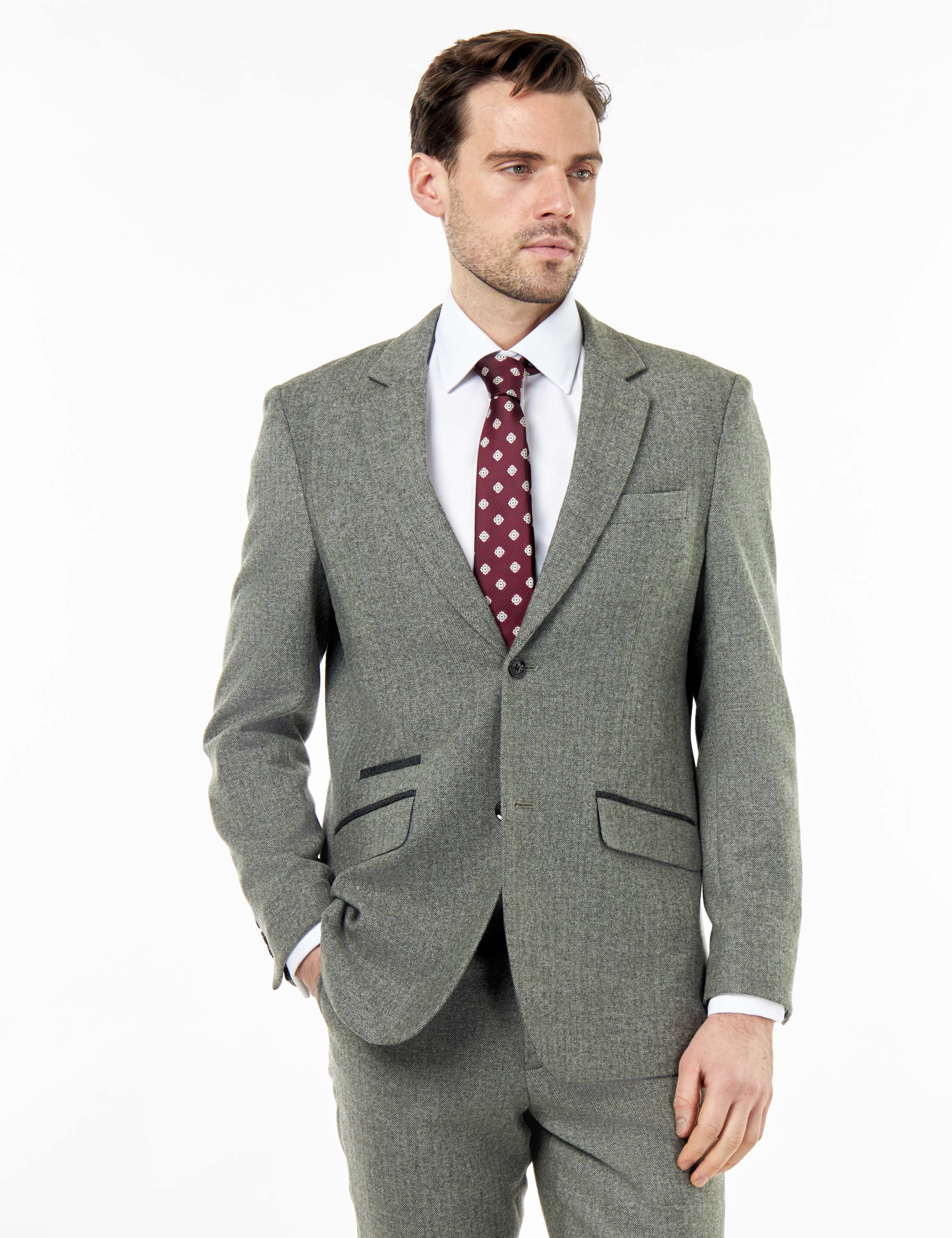 BRUCE – TAILORED SAGE GREEN WOOL RICH SUIT HERRINGBONE