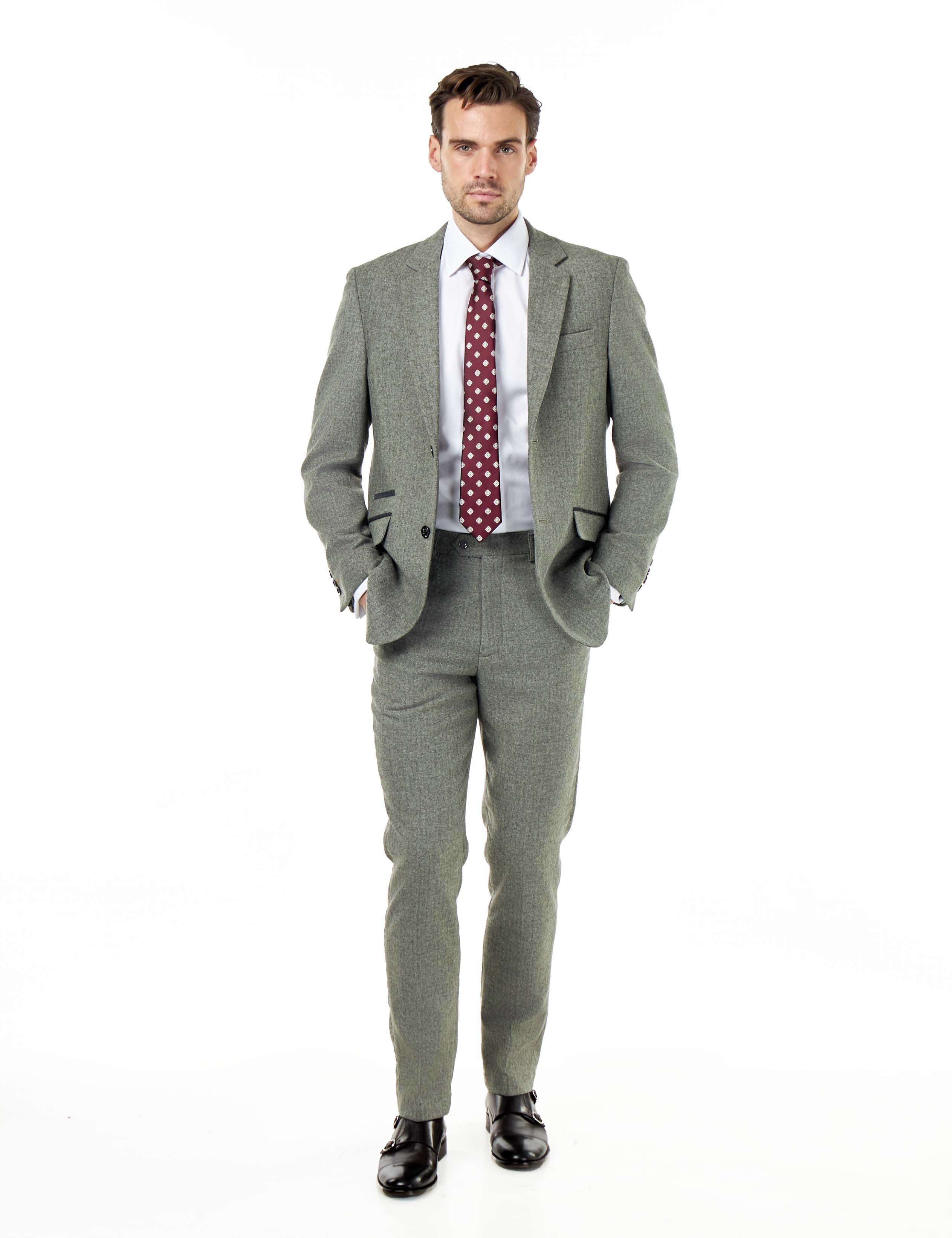 BRUCE – TAILORED WOOL RICH SAGE GREEN HERRINGBONE SUIT -2 PIECE