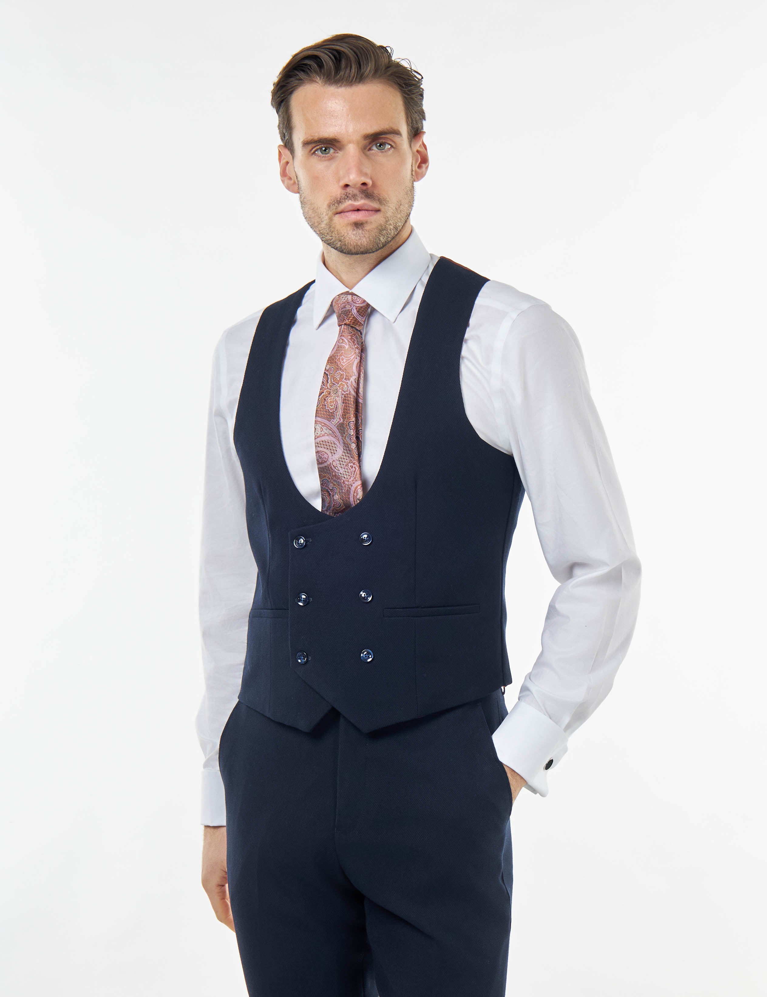 ZAK – NAVY BLUE HONEYCOMB DOUBLE BREASTED SUIT WAISTCOAT