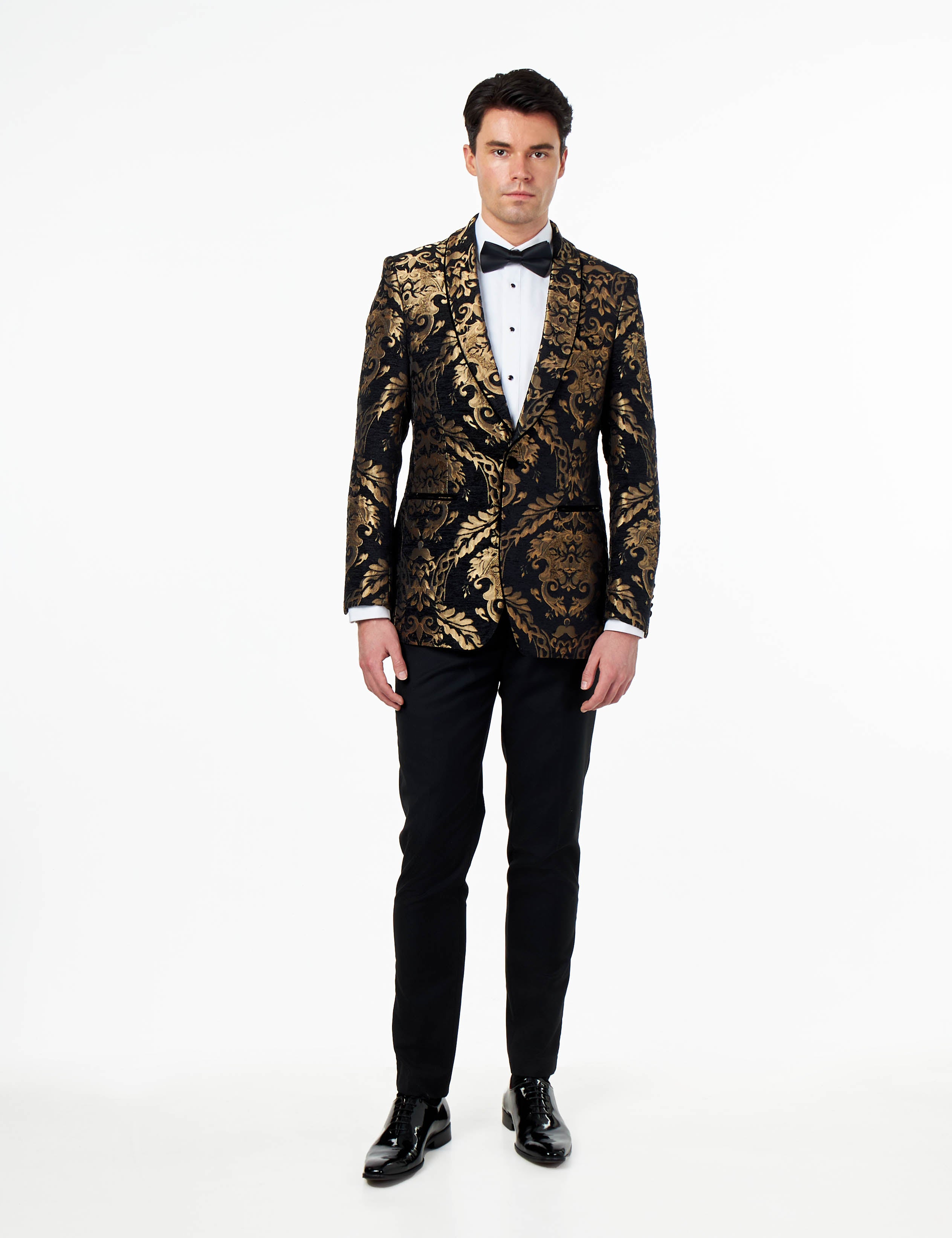 GLEN – BLACK GOLD BROCADE PAISLEY PRINT TUXEDO JACKET