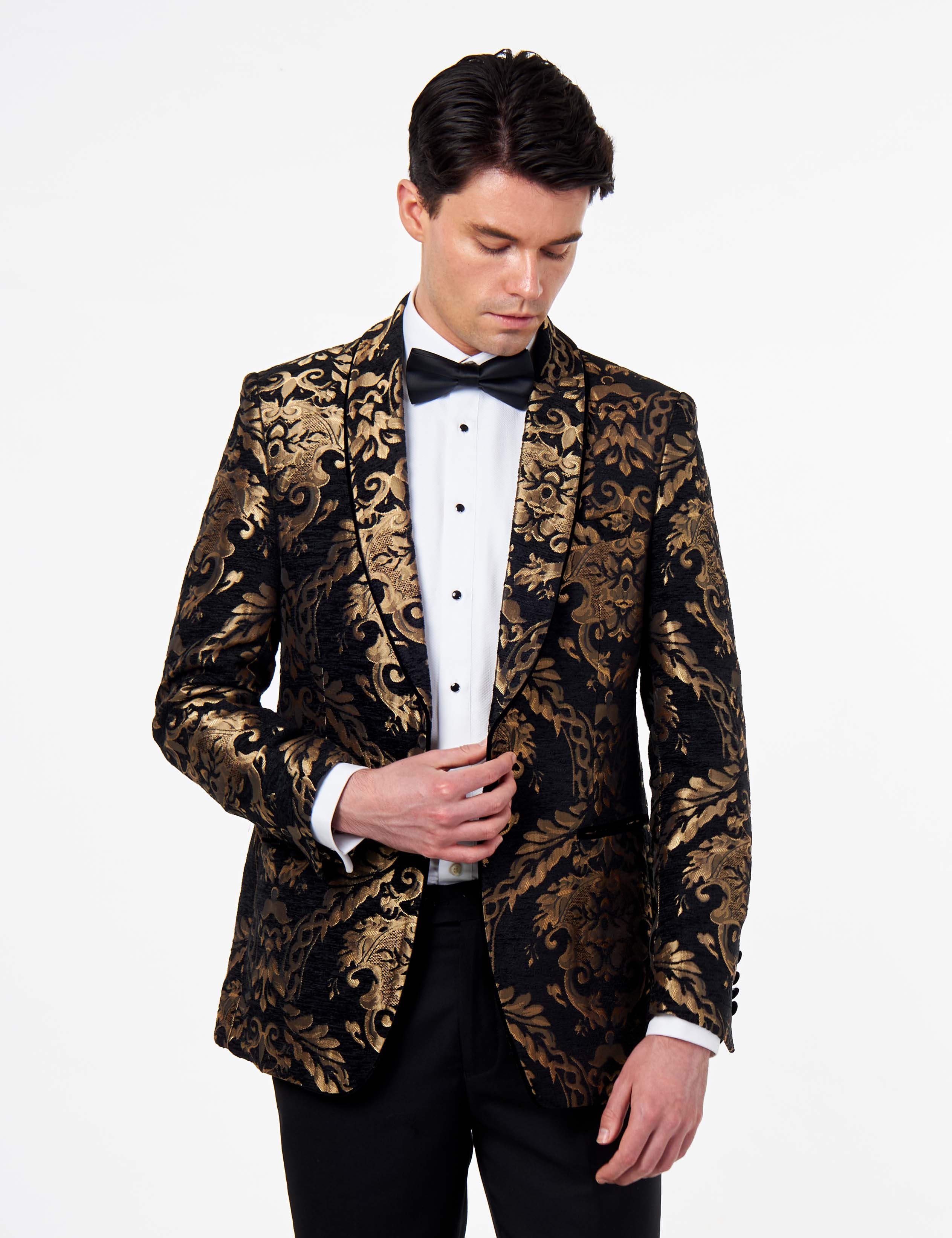 GLEN – BLACK GOLD BROCADE PAISLEY PRINT TUXEDO JACKET