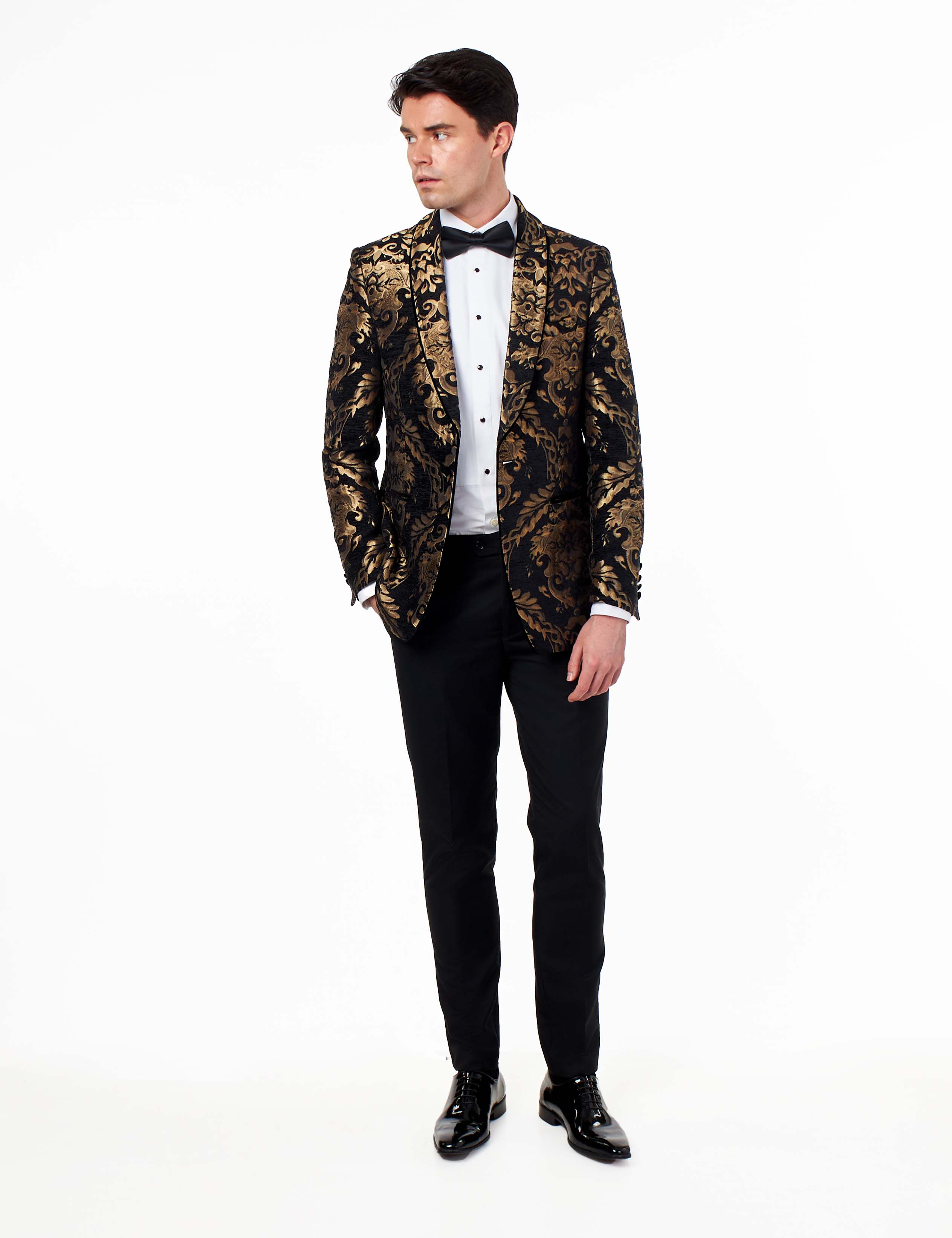 GLEN – BLACK GOLD BROCADE PAISLEY PRINT TUXEDO JACKET