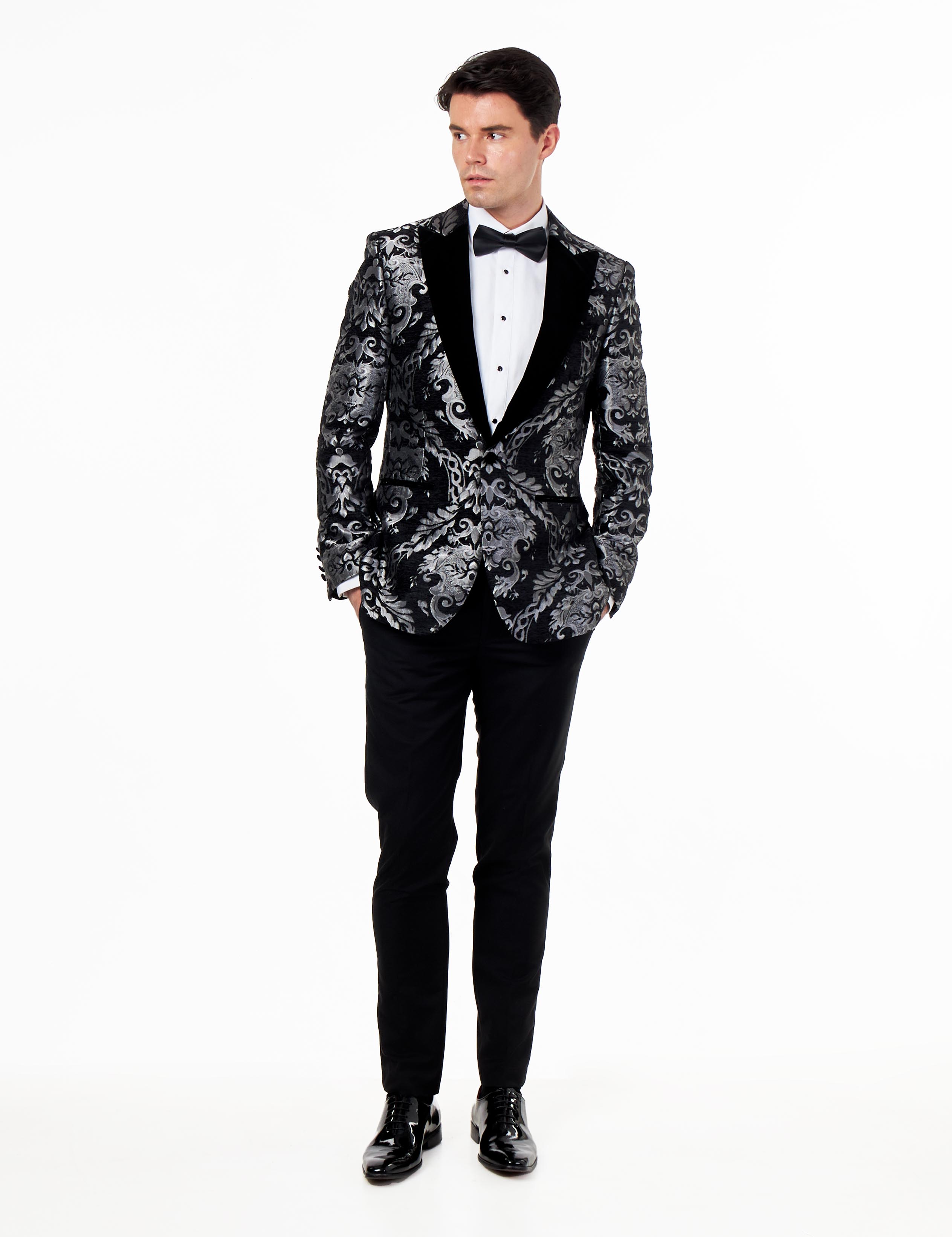 GLEN – SILVER GREY PAISLEY BROCADE PRINT TUX JACKET