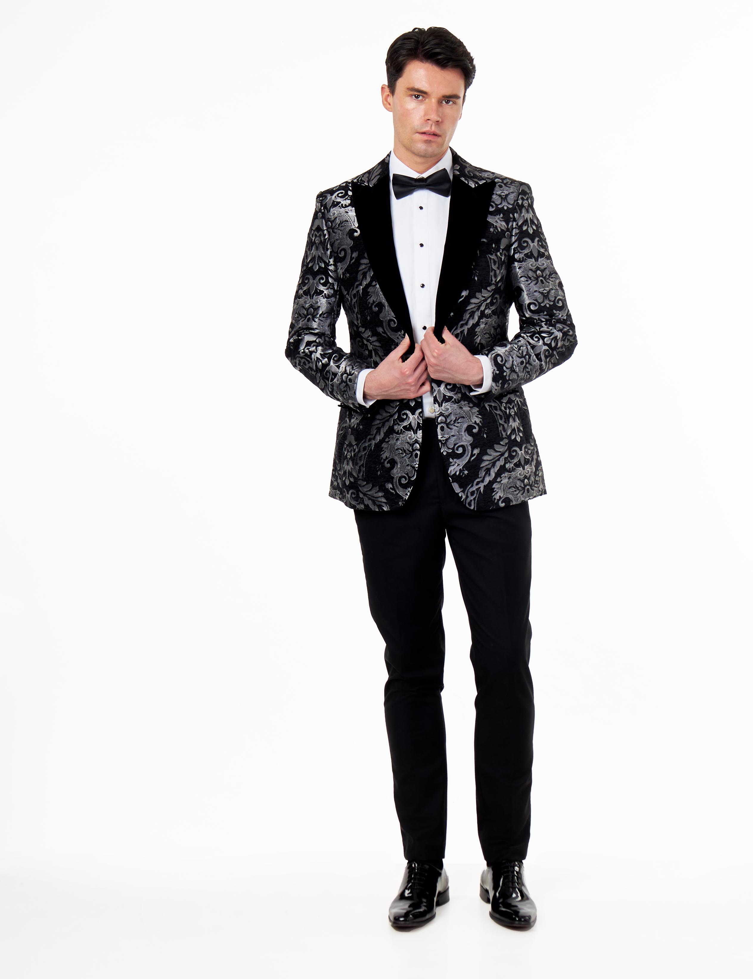 GLEN – SILVER GREY PAISLEY BROCADE PRINT TUX JACKET