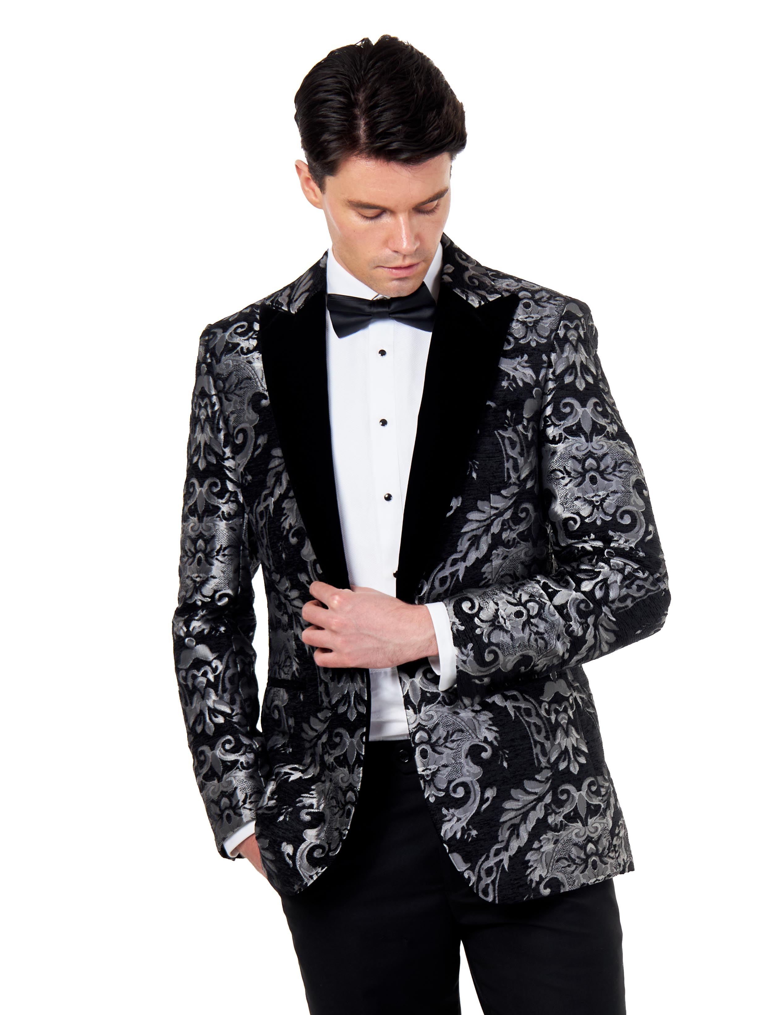 GLEN – SILVER GREY PAISLEY BROCADE PRINT TUX JACKET