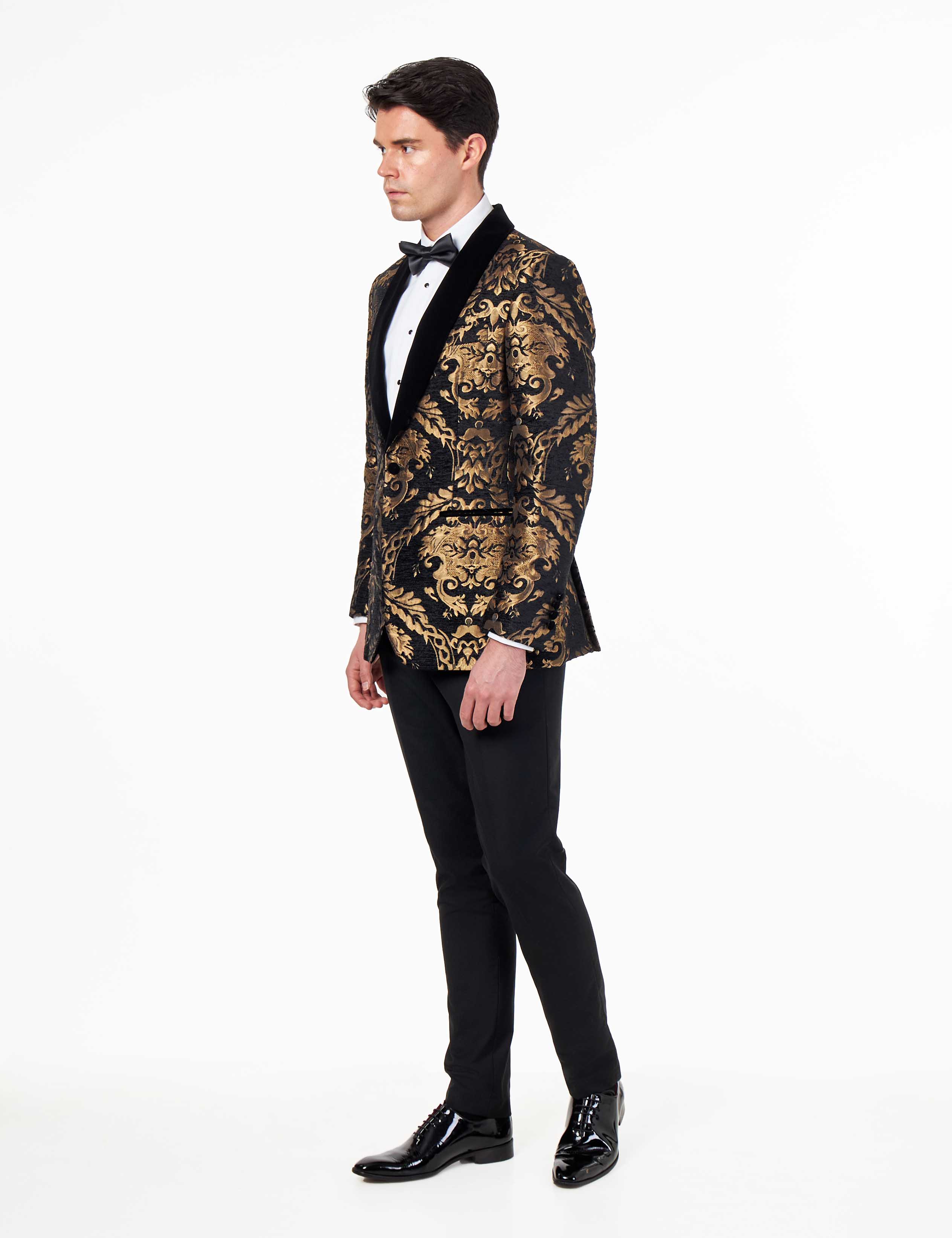 GLEN – TUXEDO JACKET GOLD ORNATE JACQUARD PRINT ON BLACK