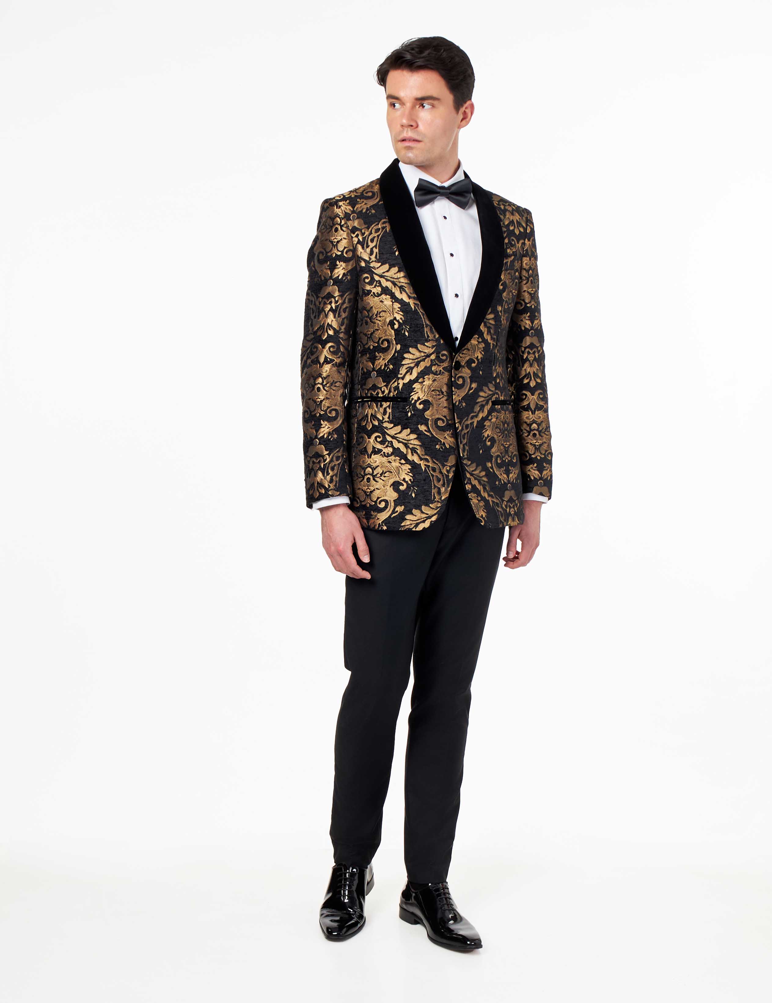 GLEN – TUXEDO JACKET GOLD ORNATE JACQUARD PRINT ON BLACK