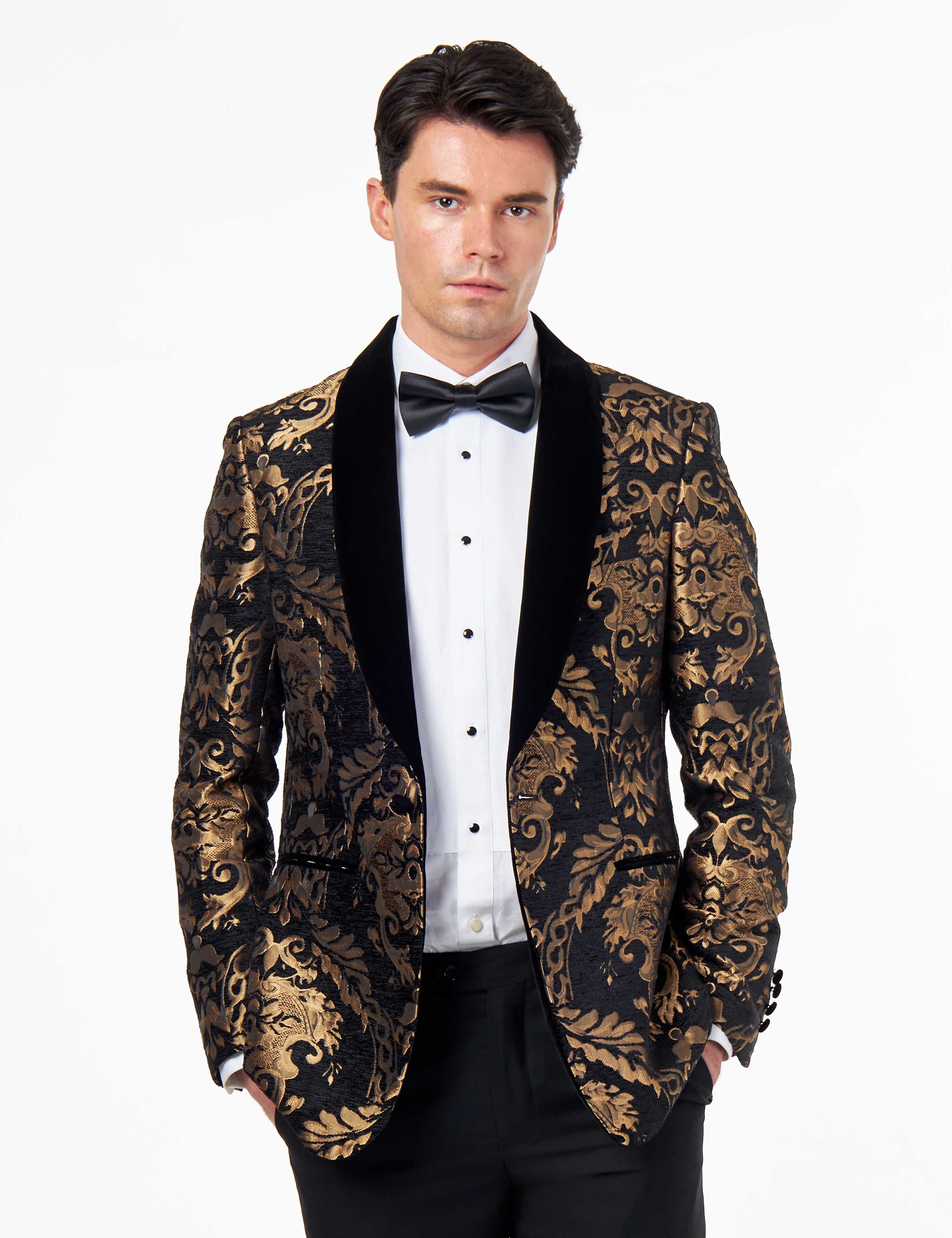 GLEN – TUXEDO JACKET GOLD ORNATE JACQUARD PRINT ON BLACK