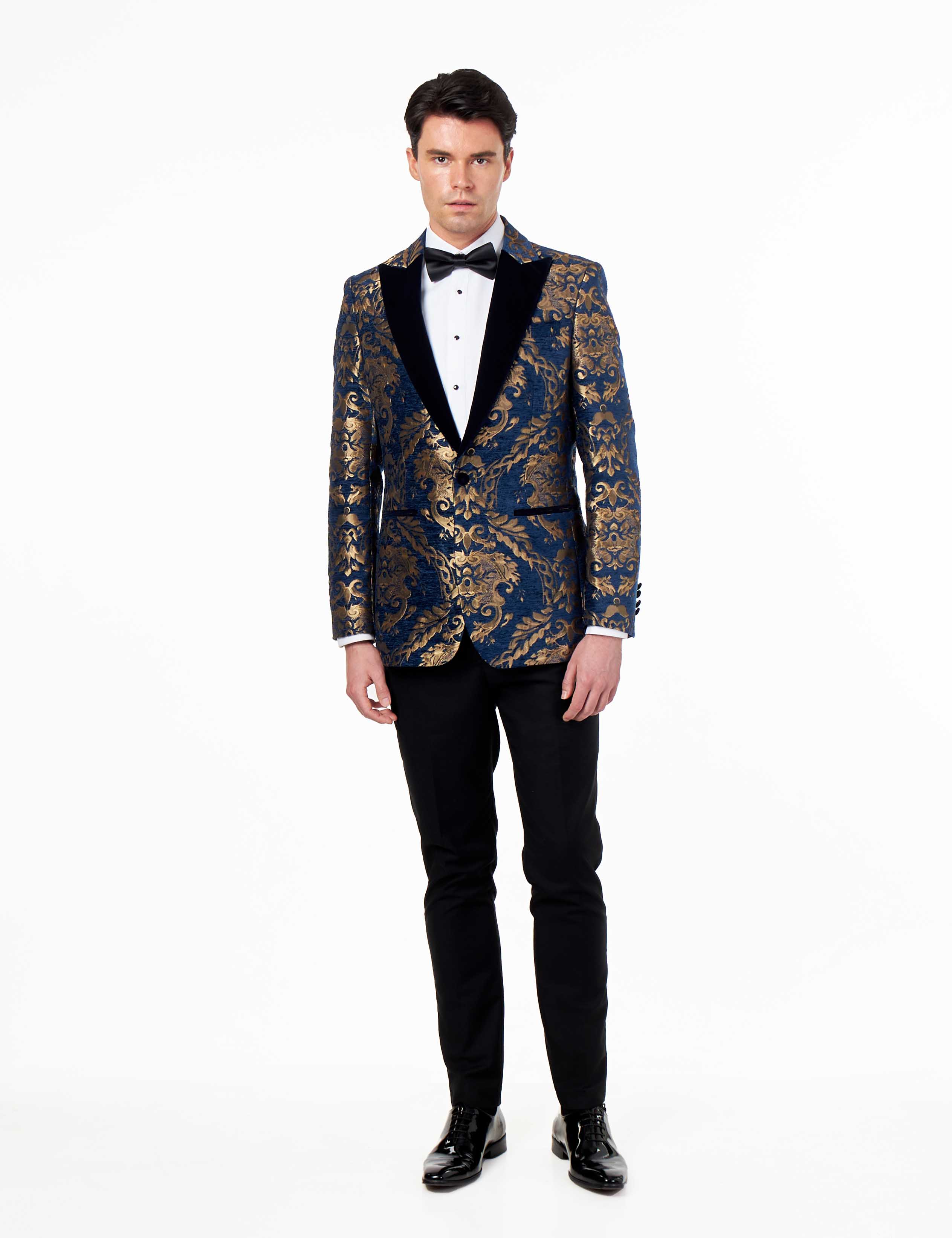 GLEN - GOLD BROCADE ON FLOCKED NAVY VELVET LAPEL JACQUARD BLAZER