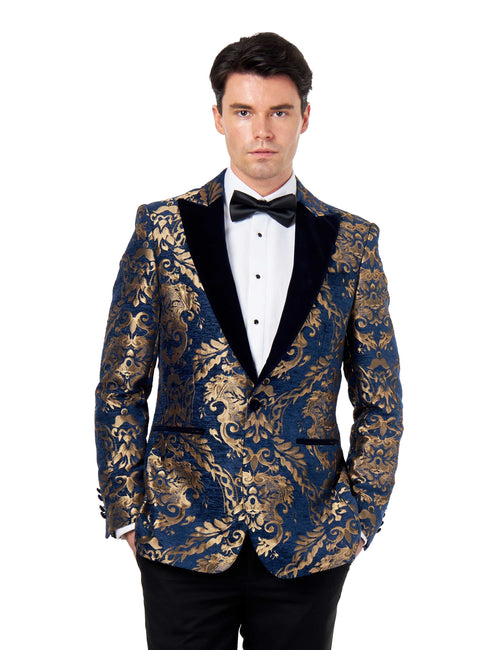 GLEN - GOLD BROCADE ON FLOCKED NAVY VELVET LAPEL JACQUARD BLAZER