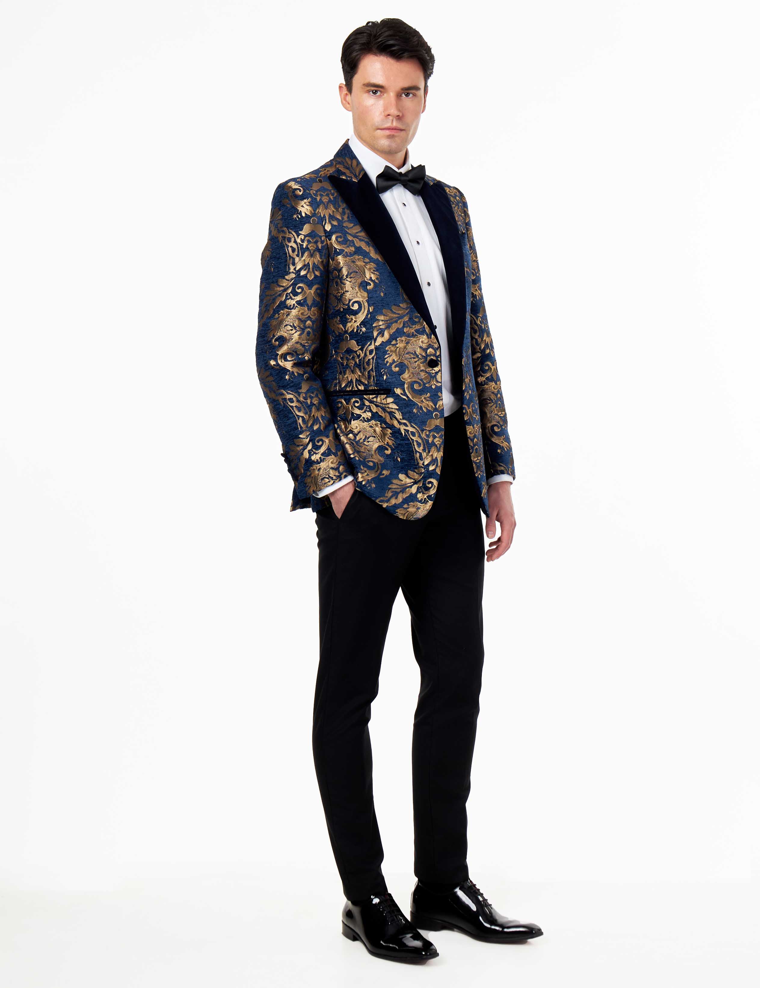 GLEN - GOLD BROCADE ON FLOCKED NAVY VELVET LAPEL JACQUARD BLAZER