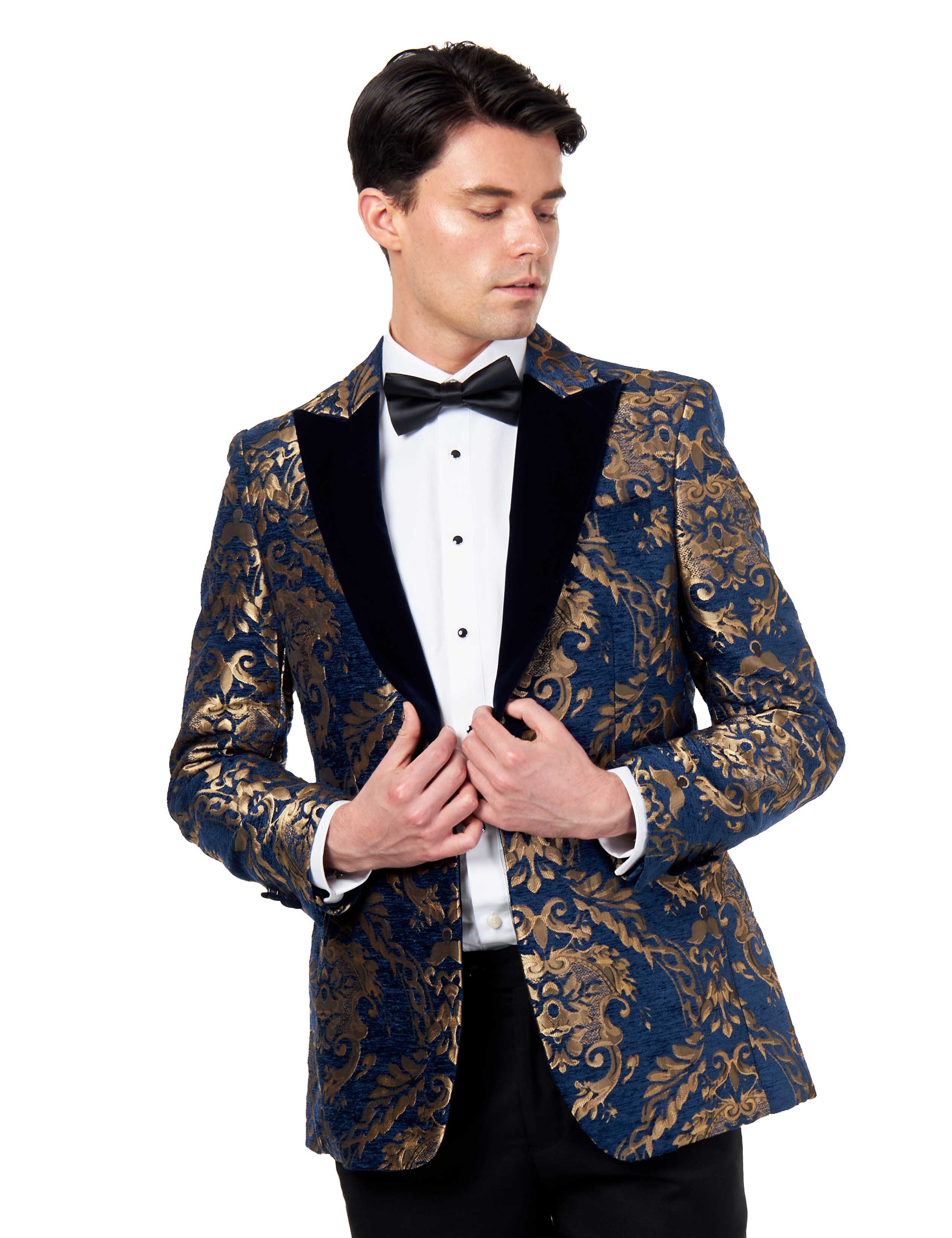 GLEN - GOLD BROCADE ON FLOCKED NAVY VELVET LAPEL JACQUARD BLAZER