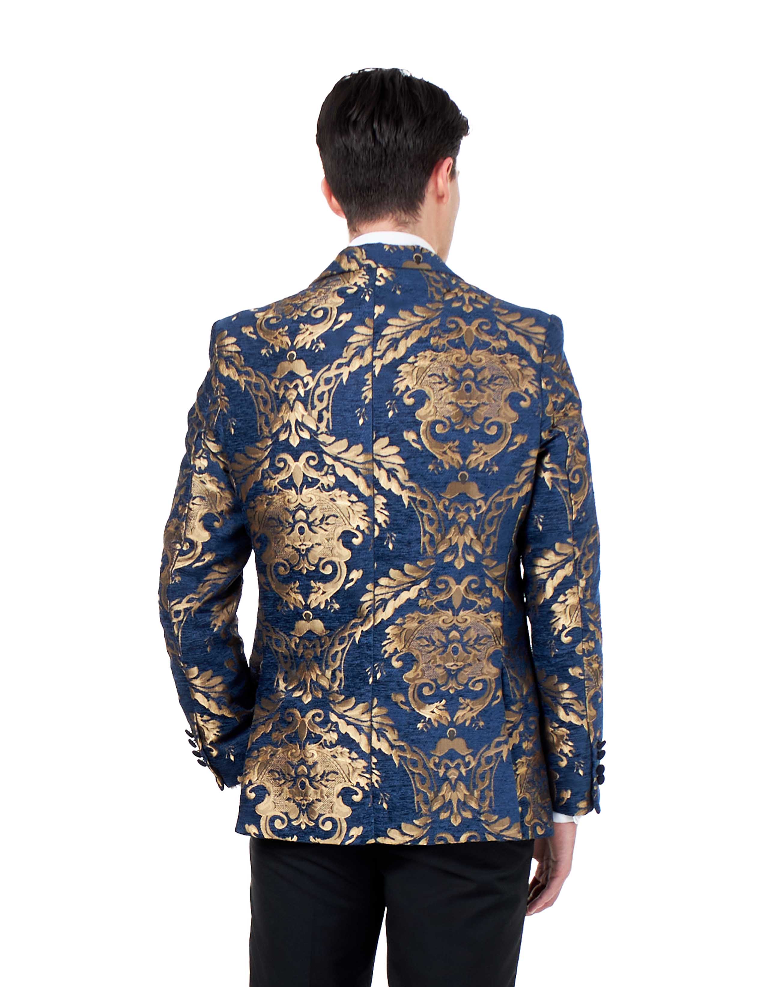 GLEN - GOLD BROCADE ON FLOCKED NAVY VELVET LAPEL JACQUARD BLAZER