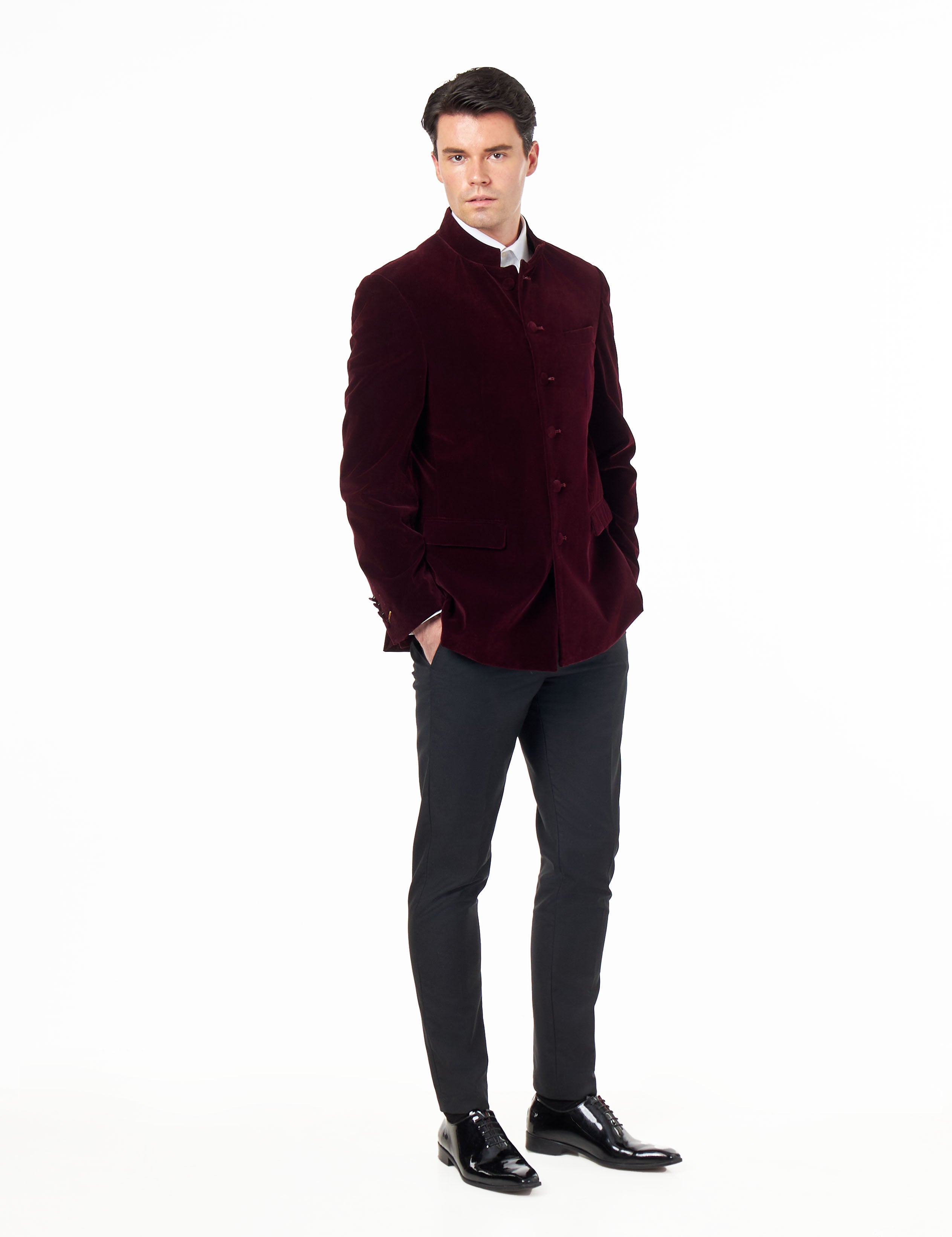 HARSHIL – MAROON VELVET SMOKING JACKET NEHRU COLLAR