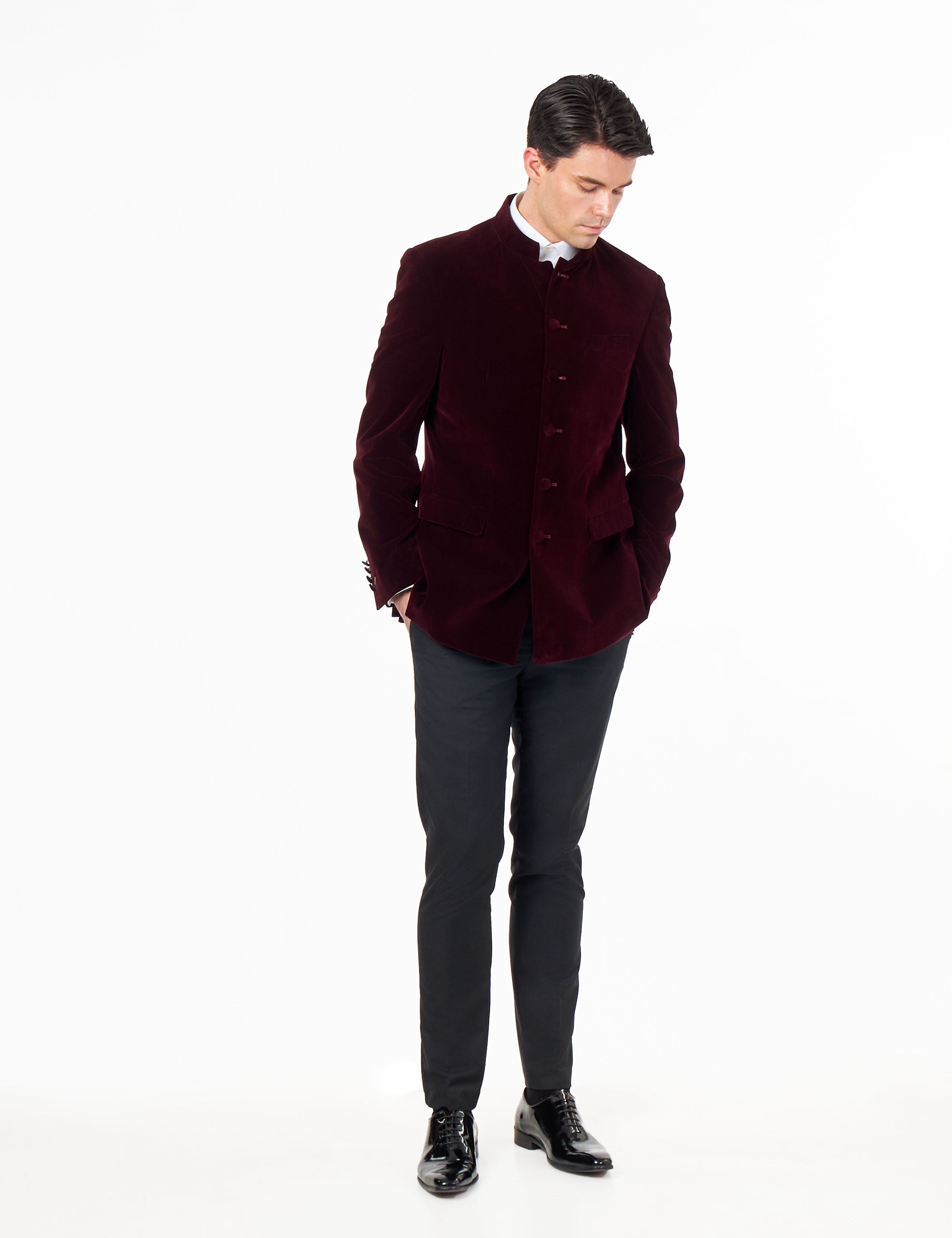 HARSHIL – MAROON VELVET SMOKING JACKET NEHRU COLLAR