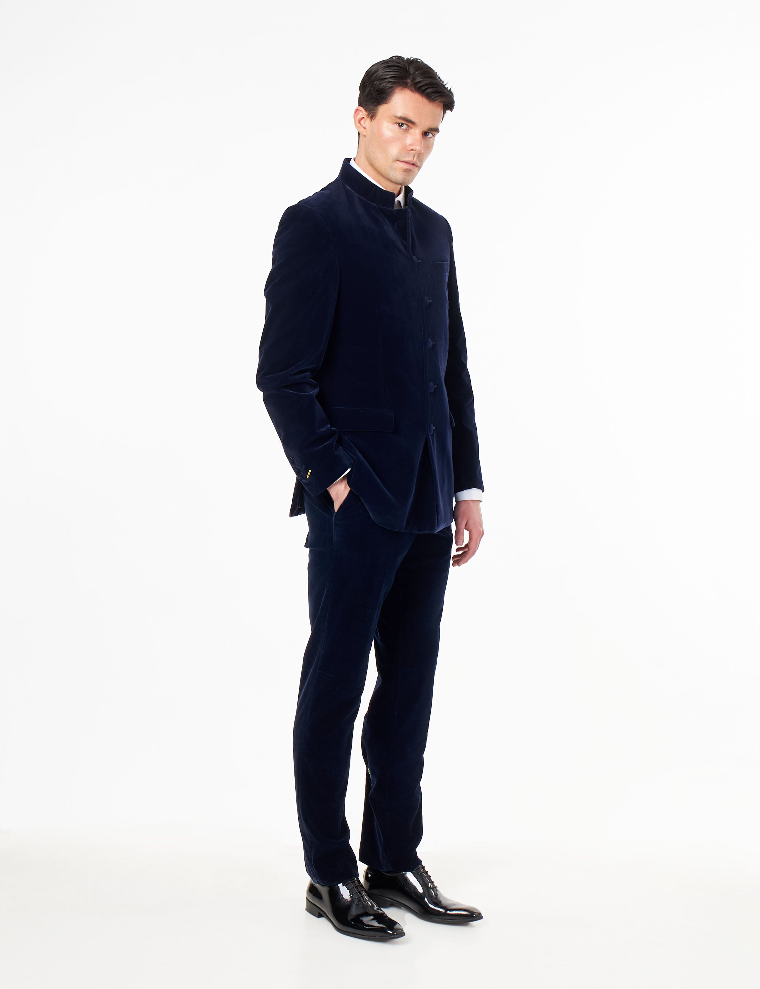 HARSHIL – NAVY BLUE VELVET SMOKING JACKET NEHRU COLLAR