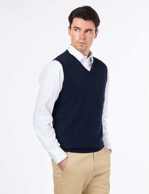 KNITTED COTTON NAVY SLEEVELESS JUMPER V-NECK VEST