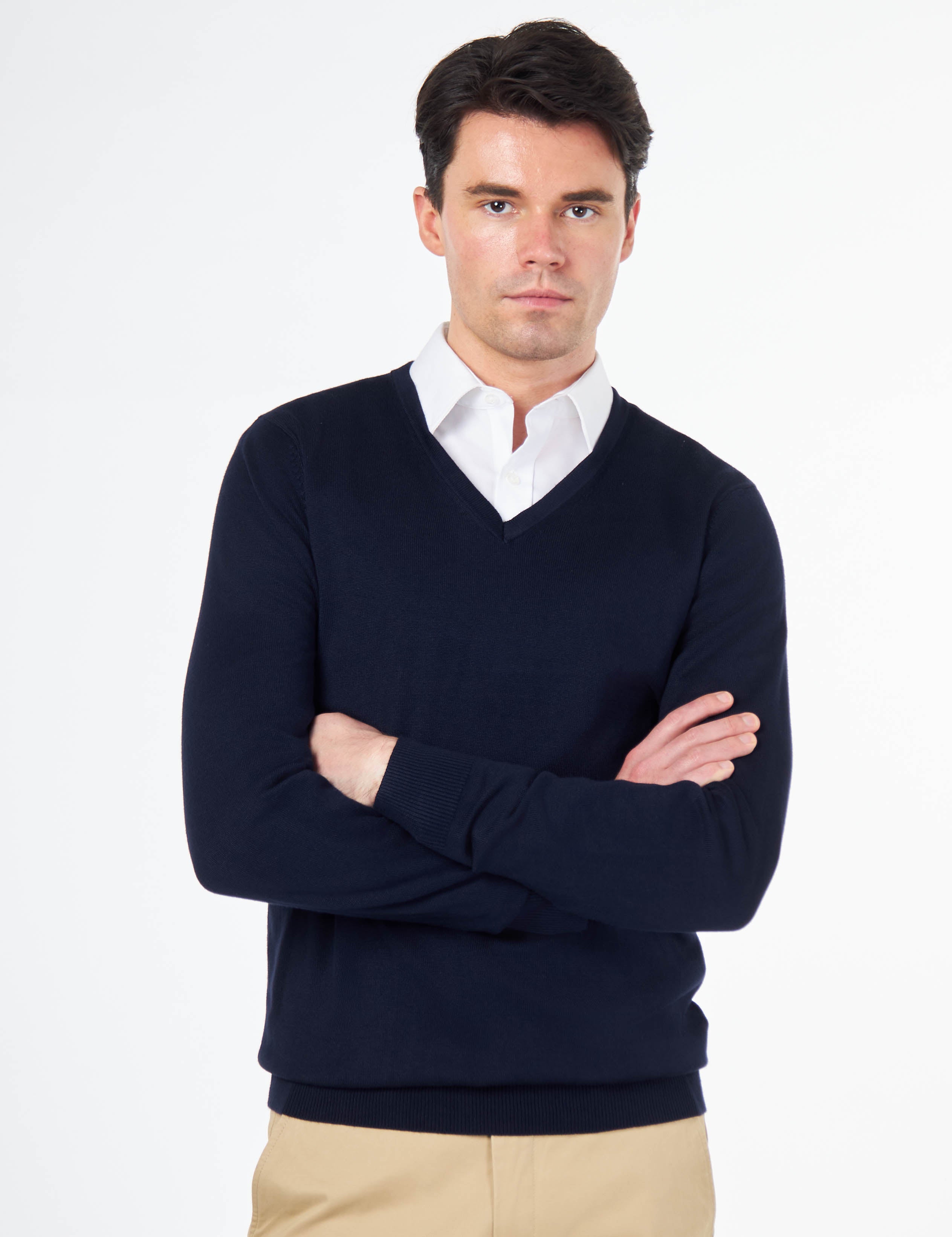 MEN’S COTTON V-NECK NAVY JUMPER FINE KNIT LIGHTWEIGHT