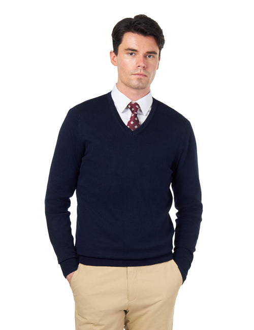 MEN’S COTTON V-NECK NAVY JUMPER FINE KNIT LIGHTWEIGHT