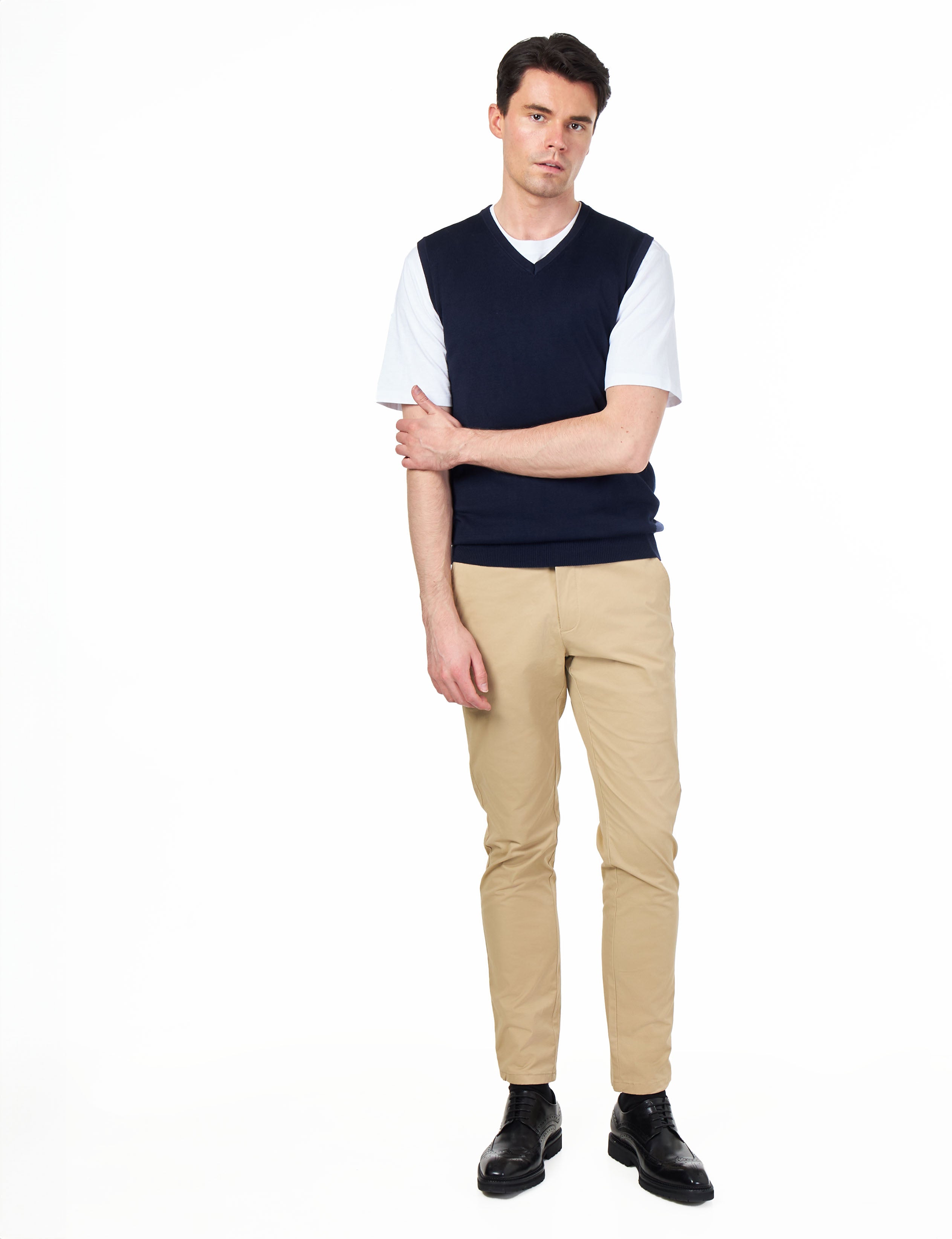 KNITTED COTTON NAVY SLEEVELESS JUMPER V-NECK VEST